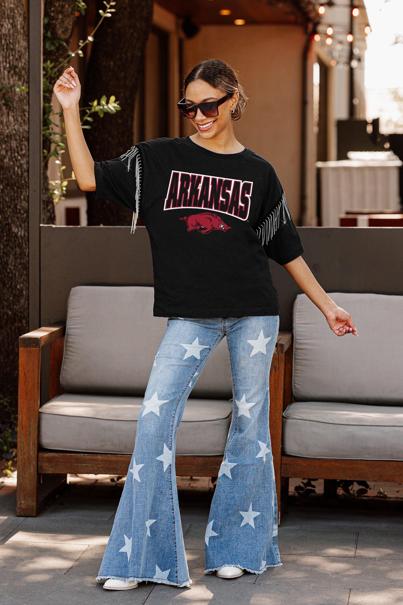 ARKANSAS RAZORBACKS IRRESISTIBLE SHORT SLEEVE RHINESTONE FRINGE TEE WITH RIBBED NECKLINE