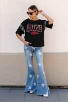 ARKANSAS RAZORBACKS IRRESISTIBLE SHORT SLEEVE RHINESTONE FRINGE TEE WITH RIBBED NECKLINE