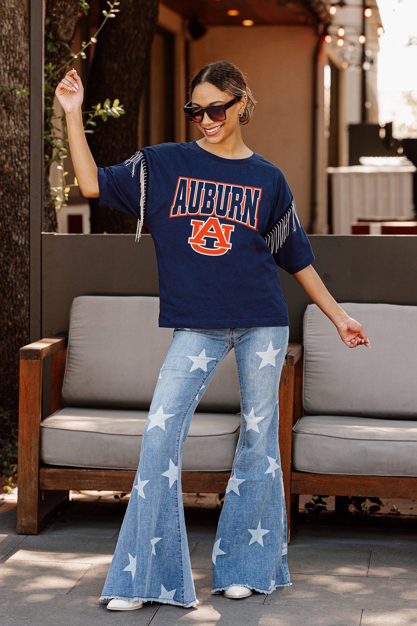 AUBURN TIGERS IRRESISTIBLE SHORT SLEEVE RHINESTONE FRINGE TEE WITH RIBBED NECKLINE