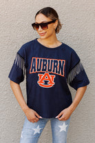 AUBURN TIGERS IRRESISTIBLE SHORT SLEEVE RHINESTONE FRINGE TEE WITH RIBBED NECKLINE