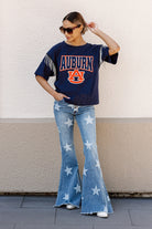 AUBURN TIGERS IRRESISTIBLE SHORT SLEEVE RHINESTONE FRINGE TEE WITH RIBBED NECKLINE