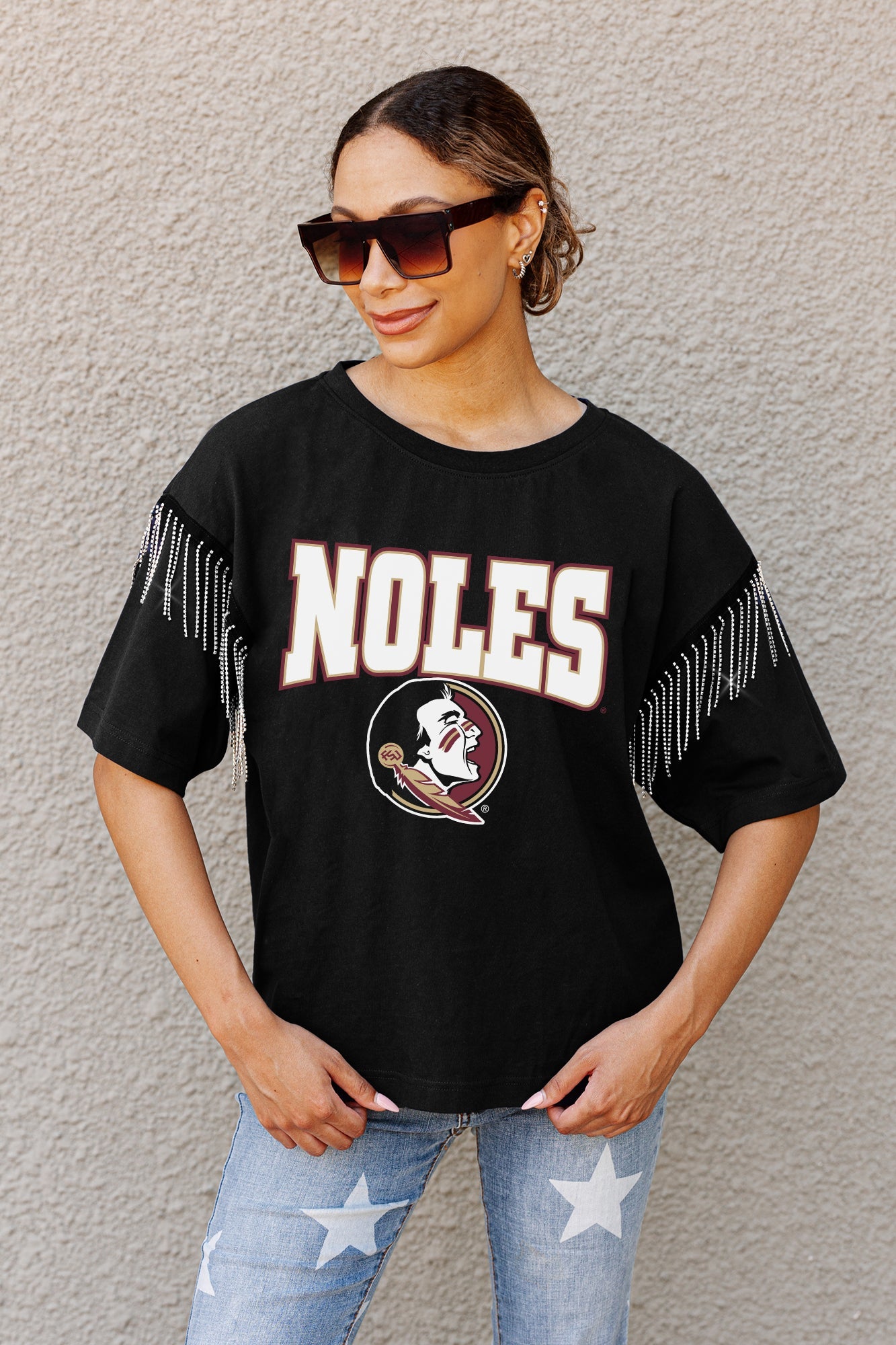 FLORIDA STATE SEMINOLES IRRESISTIBLE SHORT SLEEVE RHINESTONE FRINGE TEE WITH RIBBED NECKLINE