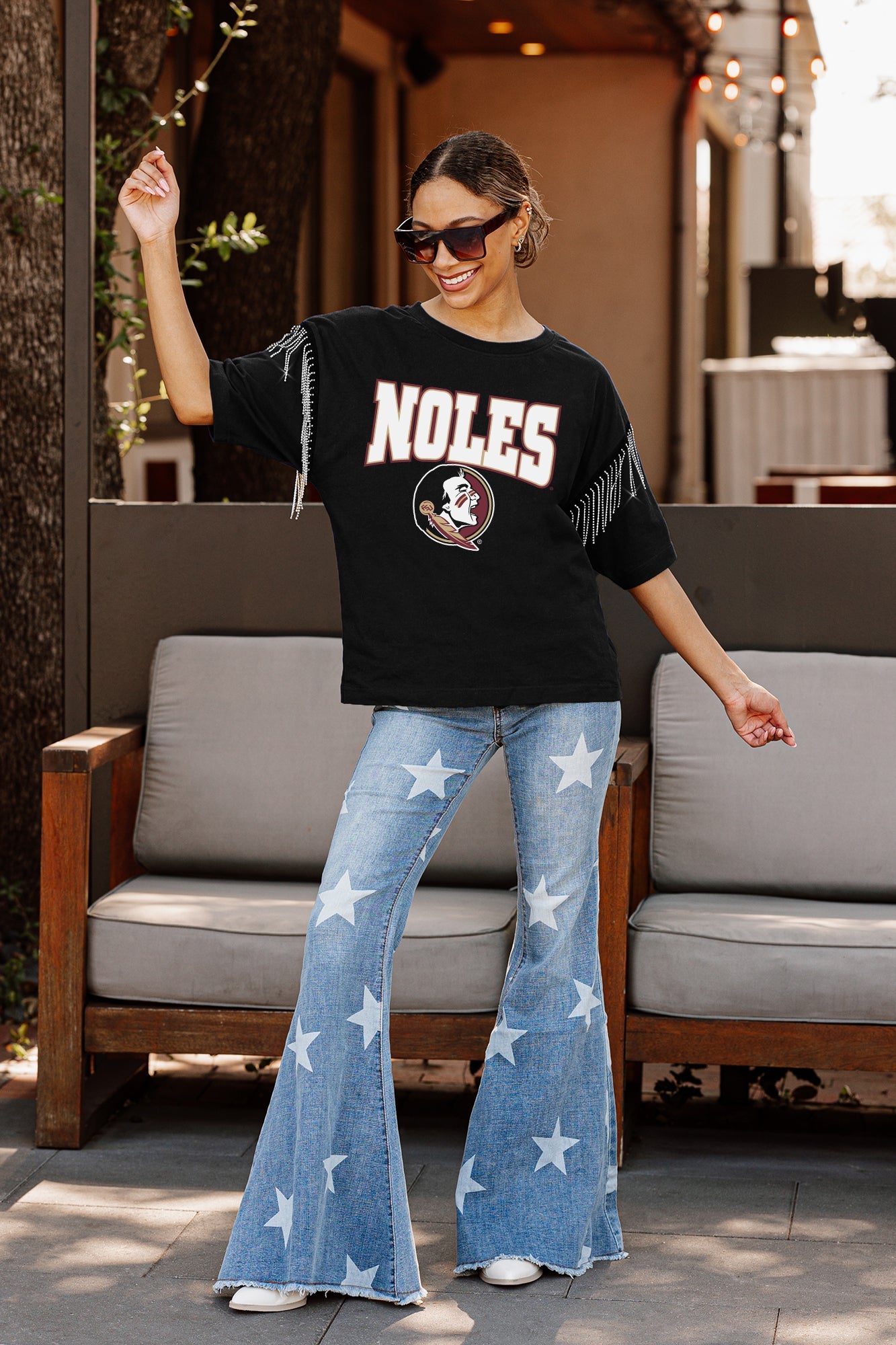 FLORIDA STATE SEMINOLES IRRESISTIBLE SHORT SLEEVE RHINESTONE FRINGE TEE WITH RIBBED NECKLINE