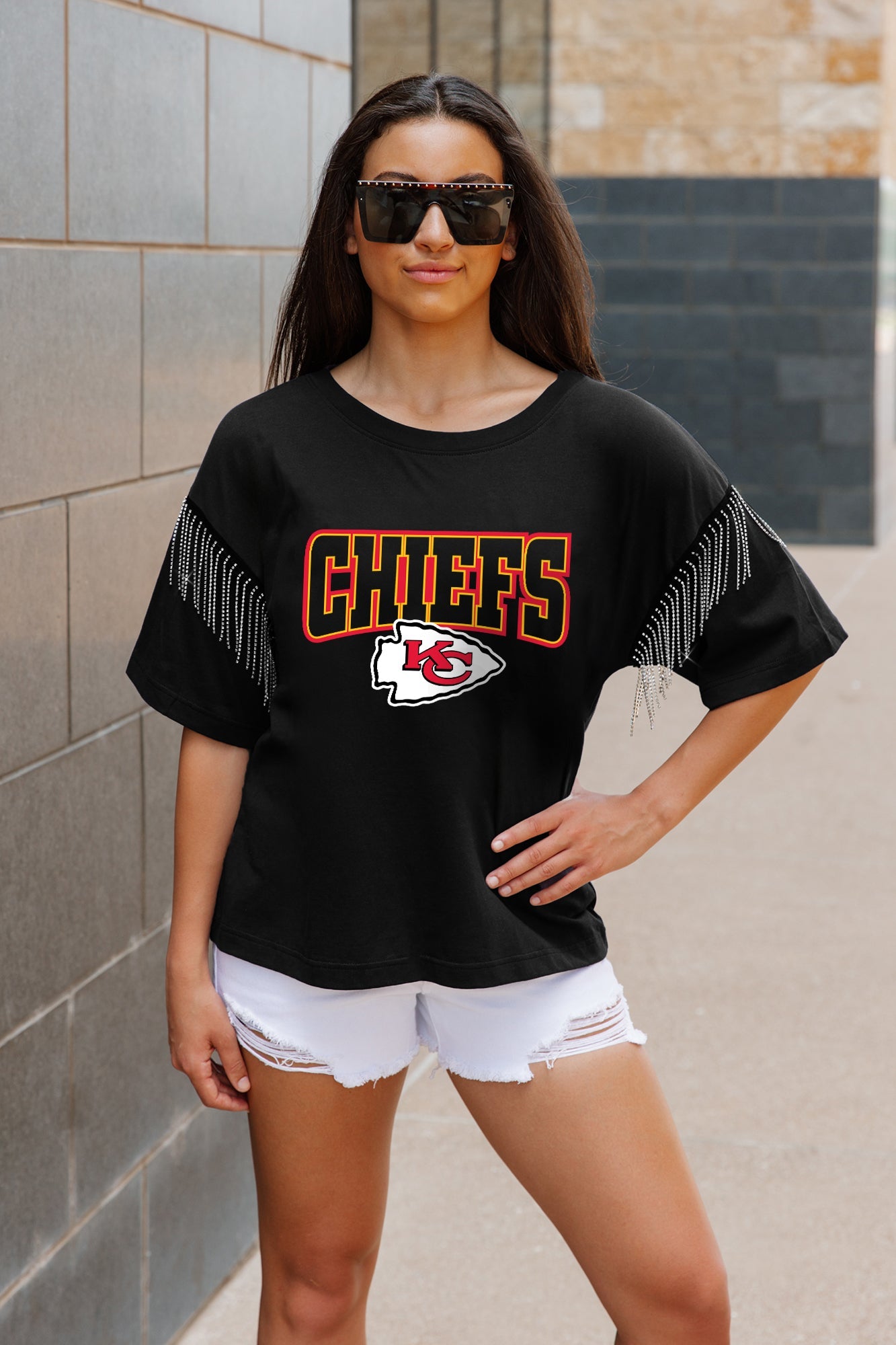 KANSAS CITY CHIEFS IRRESISTIBLE SHORT SLEEVE RHINESTONE FRINGE TEE