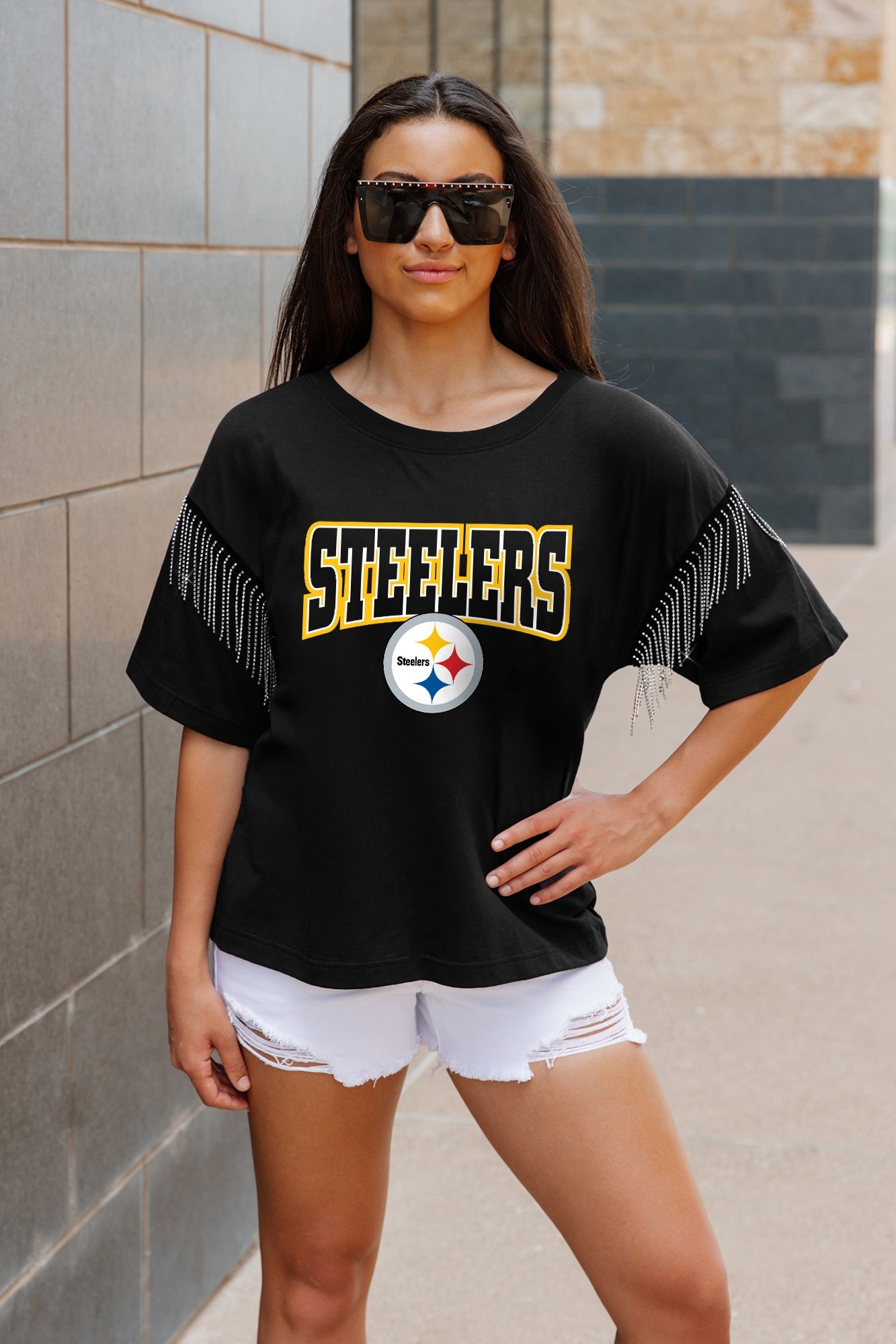 PITTSBURGH STEELERS IRRESISTIBLE SHORT SLEEVE RHINESTONE FRINGE TEE