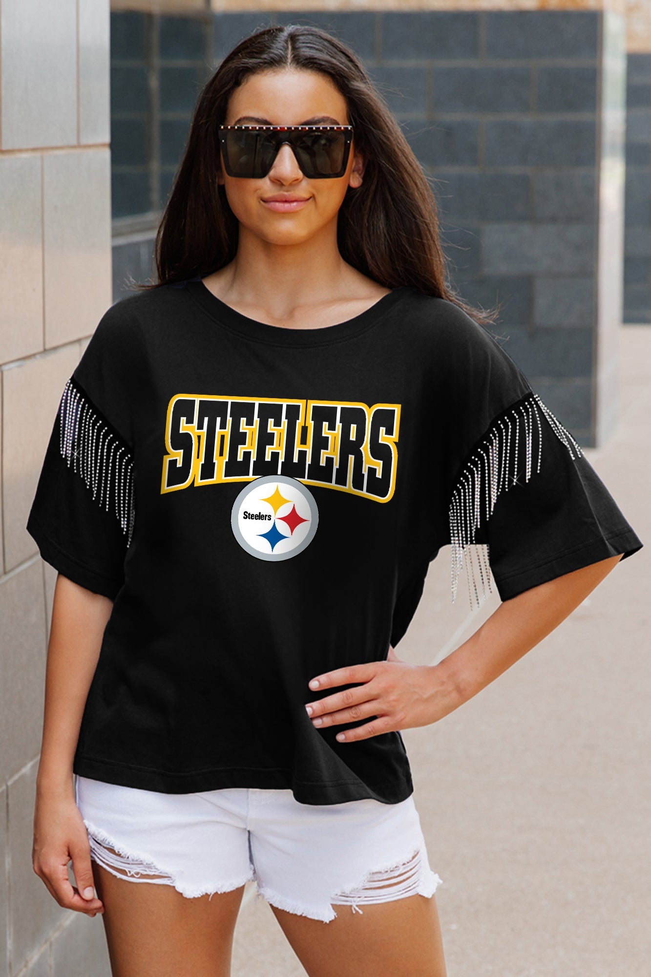 PITTSBURGH STEELERS IRRESISTIBLE SHORT SLEEVE RHINESTONE FRINGE TEE