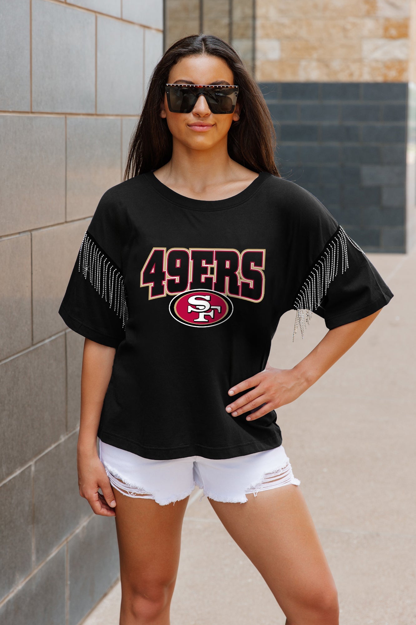 SAN FRANCISCO 49ERS IRRESISTIBLE SHORT SLEEVE RHINESTONE FRINGE TEE