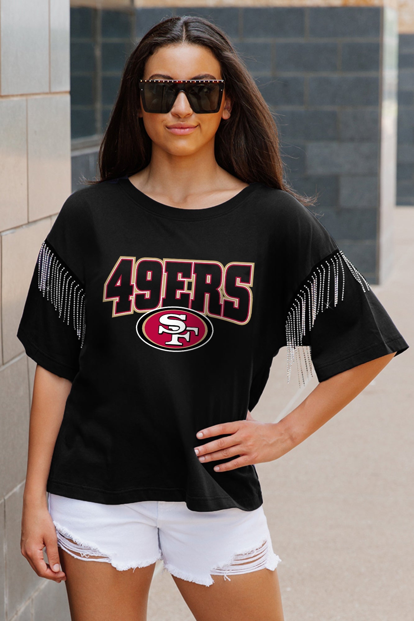 SAN FRANCISCO 49ERS IRRESISTIBLE SHORT SLEEVE RHINESTONE FRINGE TEE