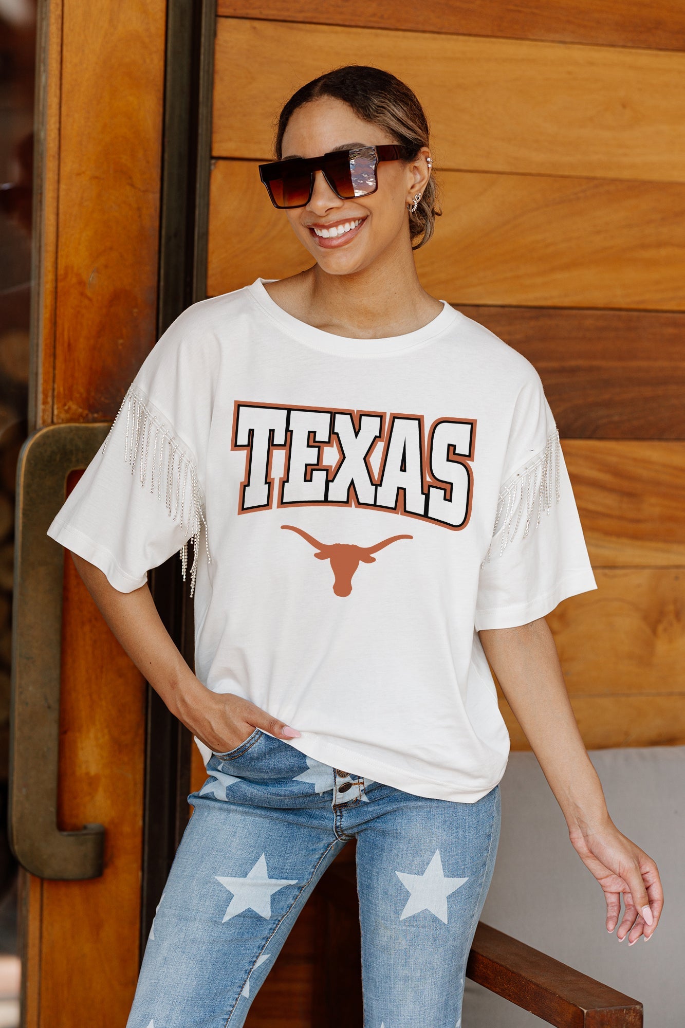 TEXAS LONGHORNS IRRESISTIBLE SHORT SLEEVE RHINESTONE FRINGE TEE WITH RIBBED NECKLINE