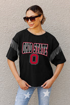 OHIO STATE BUCKEYES IRRESISTIBLE SHORT SLEEVE RHINESTONE FRINGE TEE WITH RIBBED NECKLINE