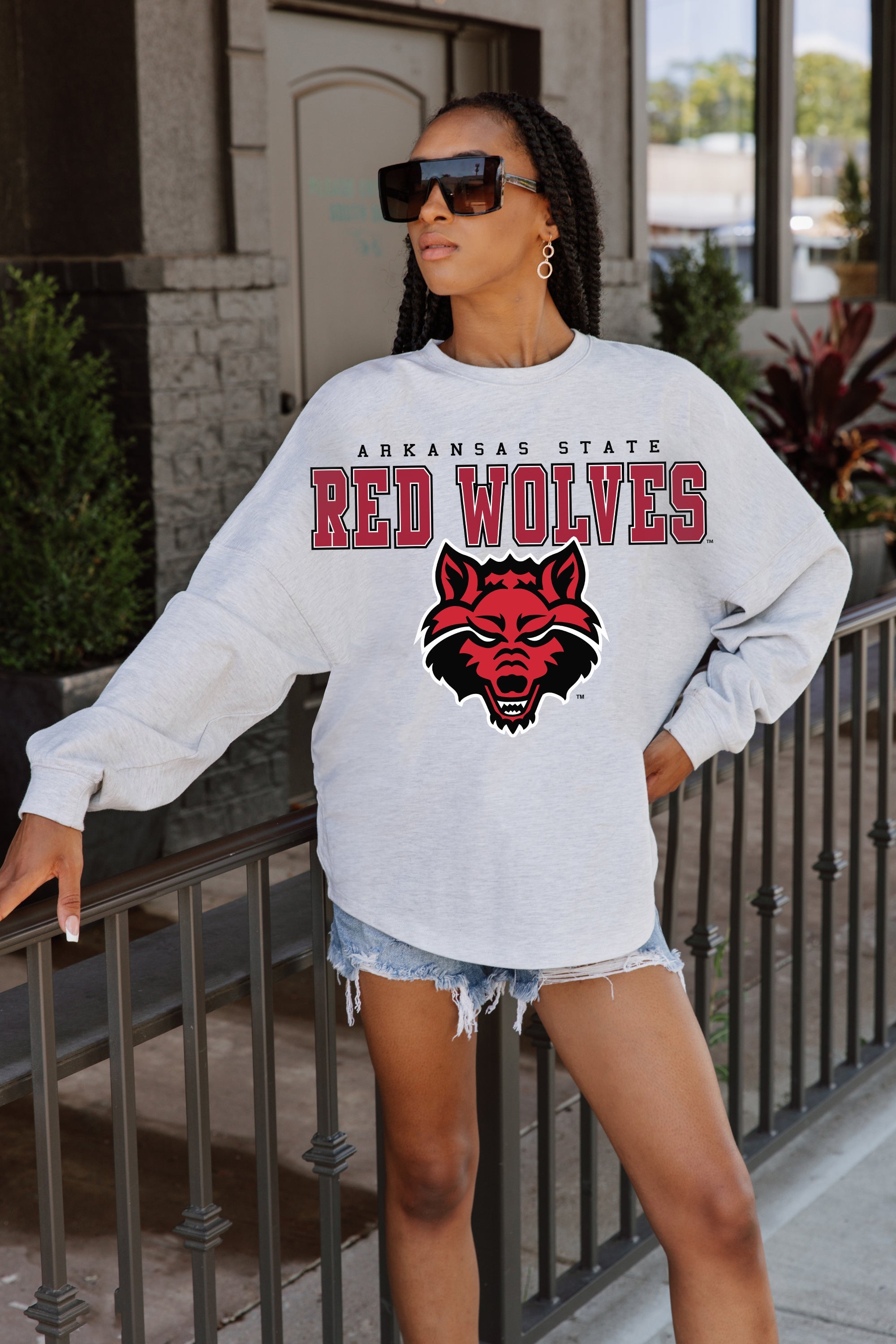 ARKANSAS STATE RED WOLVES BIG GOALS DROP SHOULDER LONG SLEEVE TEE WITH RIBBED NECKLINE AND CUFFS