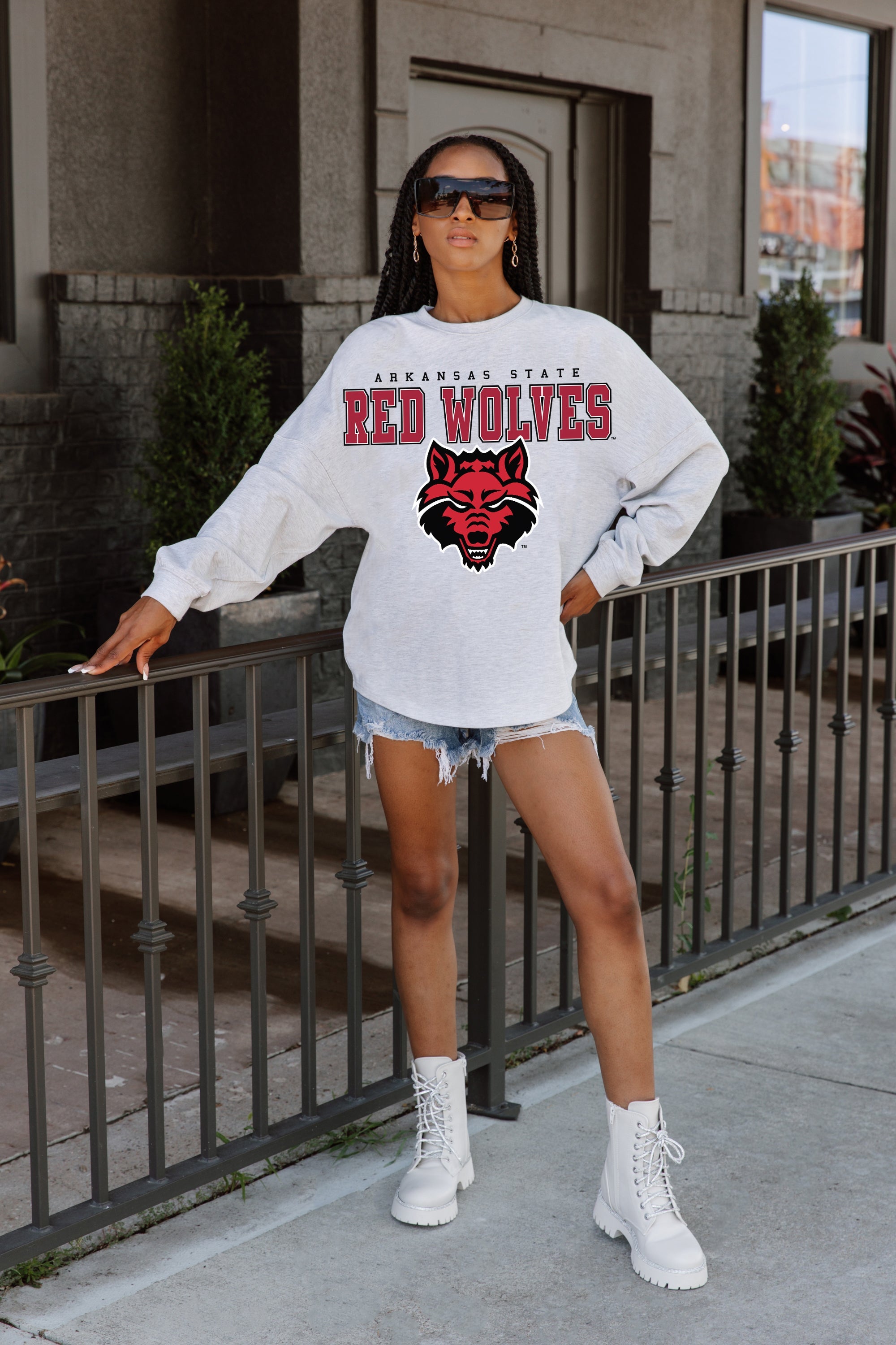 ARKANSAS STATE RED WOLVES BIG GOALS DROP SHOULDER LONG SLEEVE TEE WITH RIBBED NECKLINE AND CUFFS