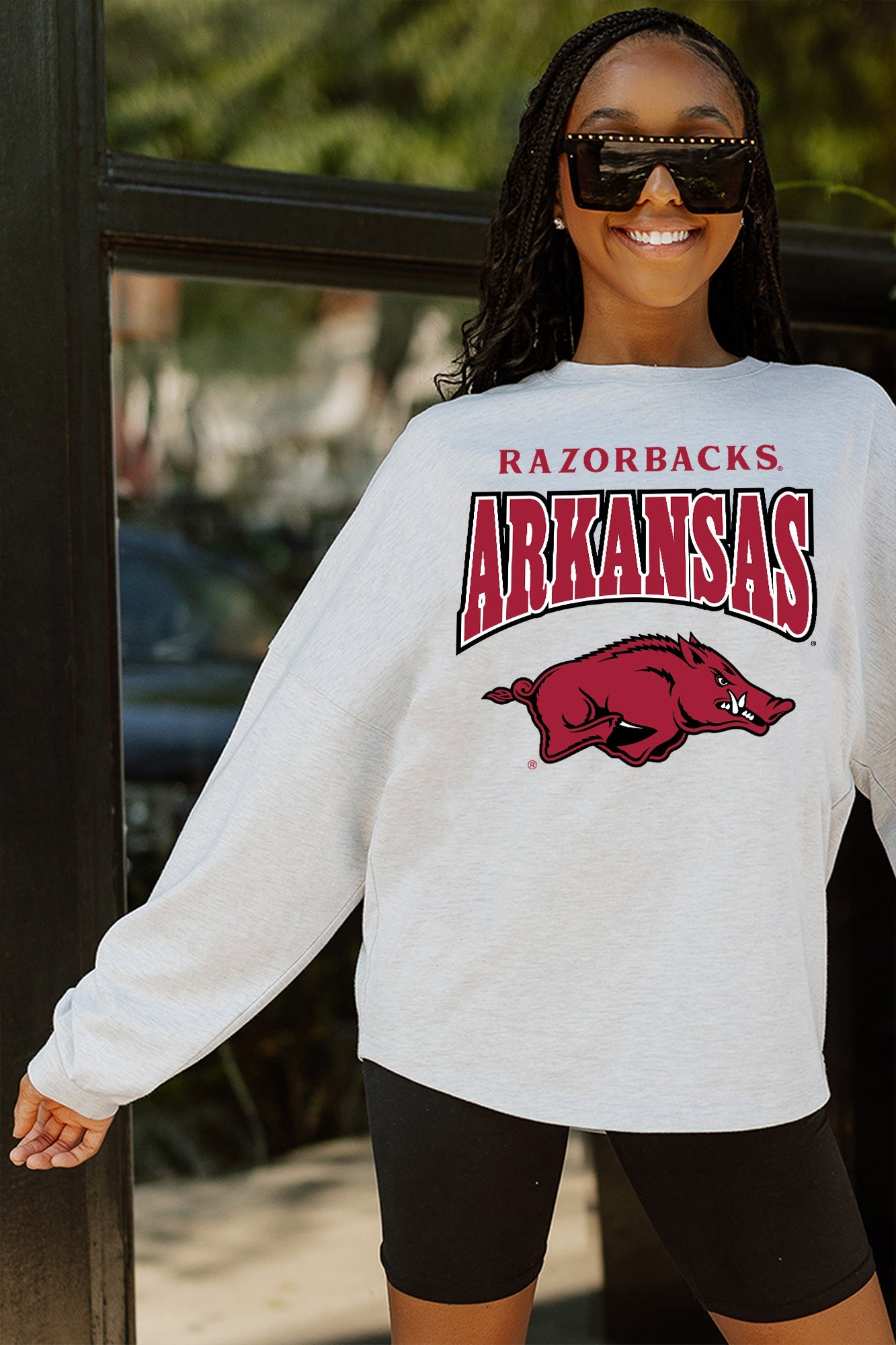 ARKANSAS RAZORBACKS FIGHTING SPIRIT DROP SHOULDER LONG SLEEVE TEE WITH RIBBED NECKLINE AND CUFFS