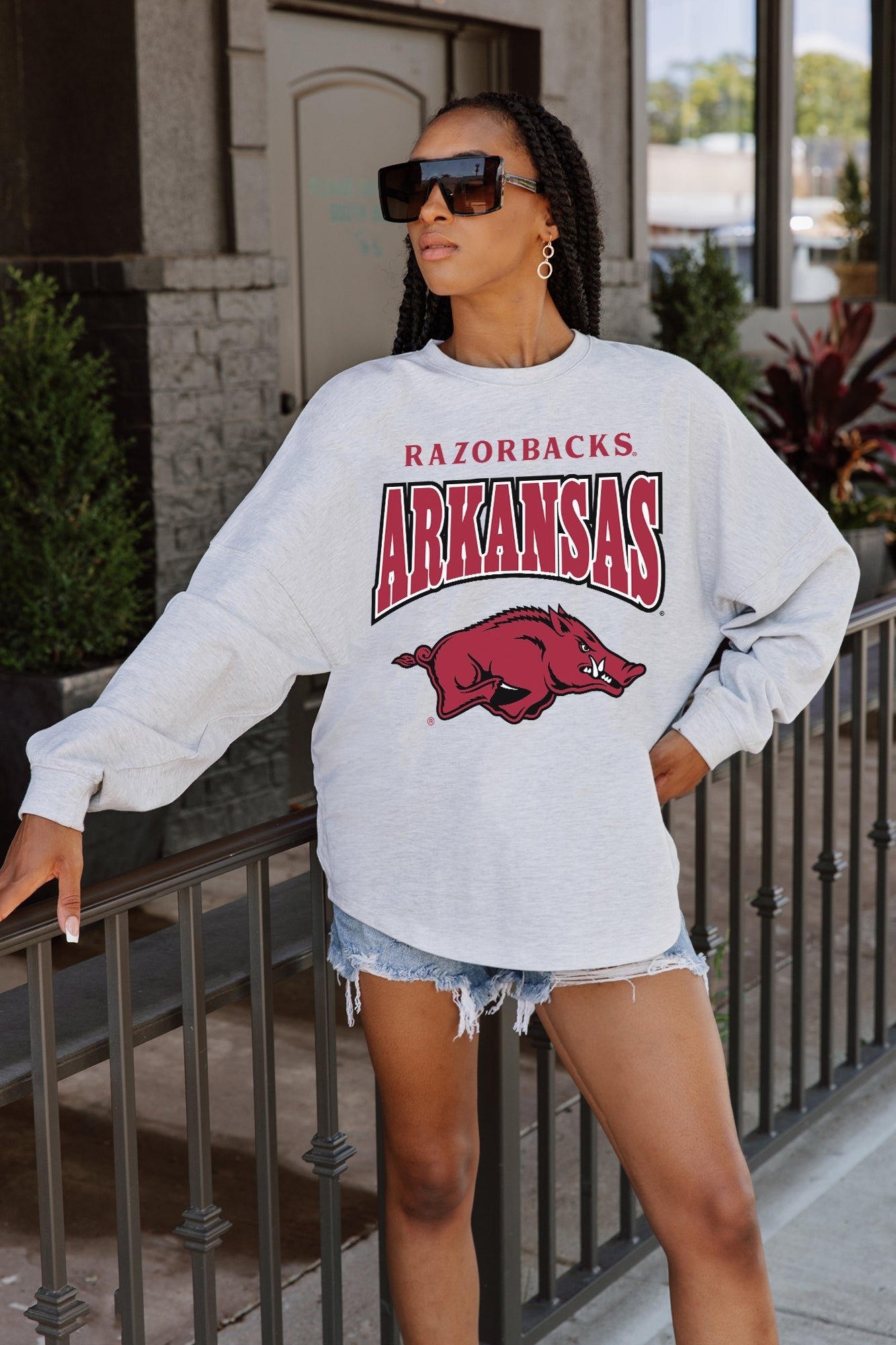 ARKANSAS RAZORBACKS FIGHTING SPIRIT DROP SHOULDER LONG SLEEVE TEE WITH RIBBED NECKLINE AND CUFFS