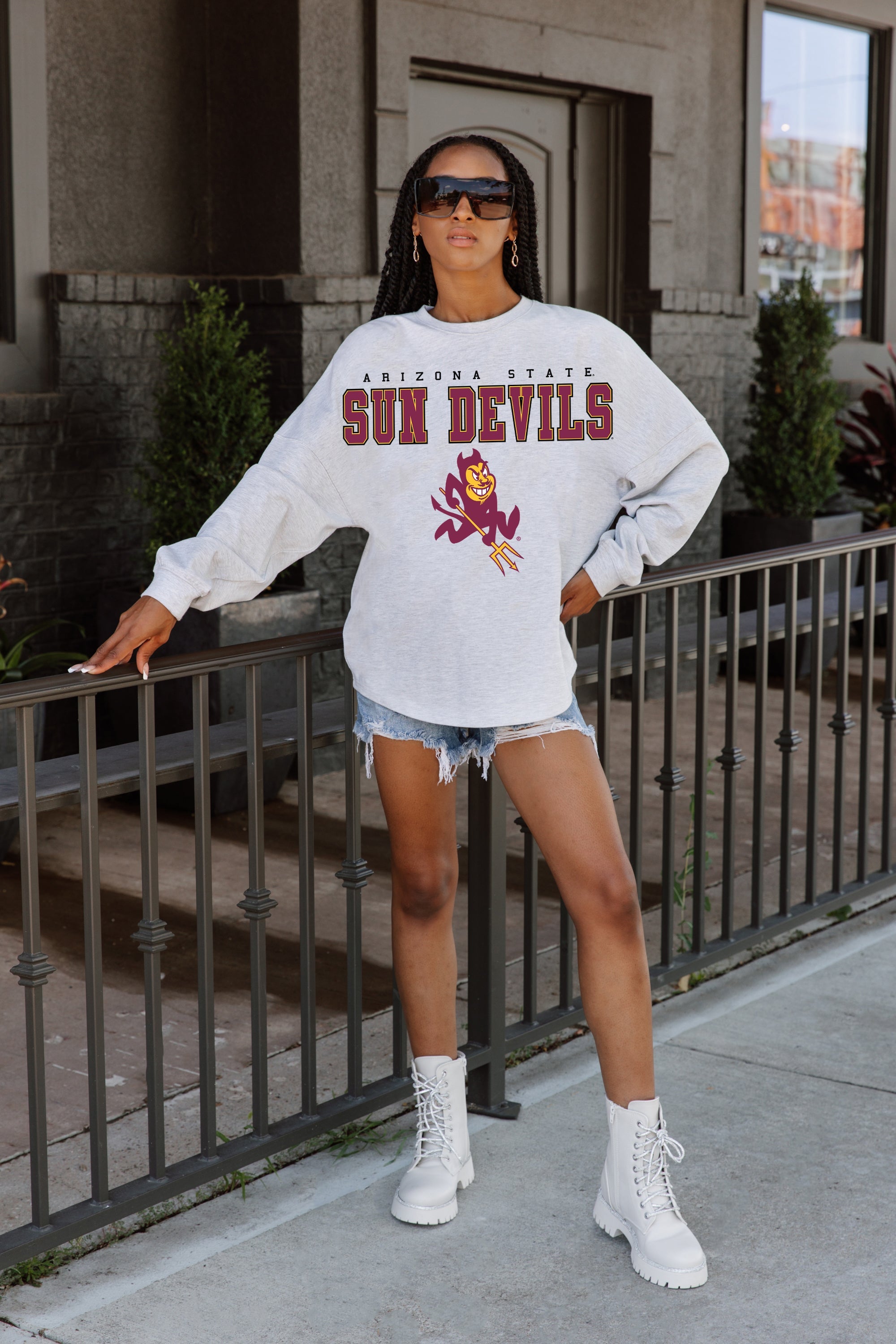 ARIZONA STATE SUN DEVILS BIG GOALS DROP SHOULDER LONG SLEEVE TEE WITH RIBBED NECKLINE AND CUFFS