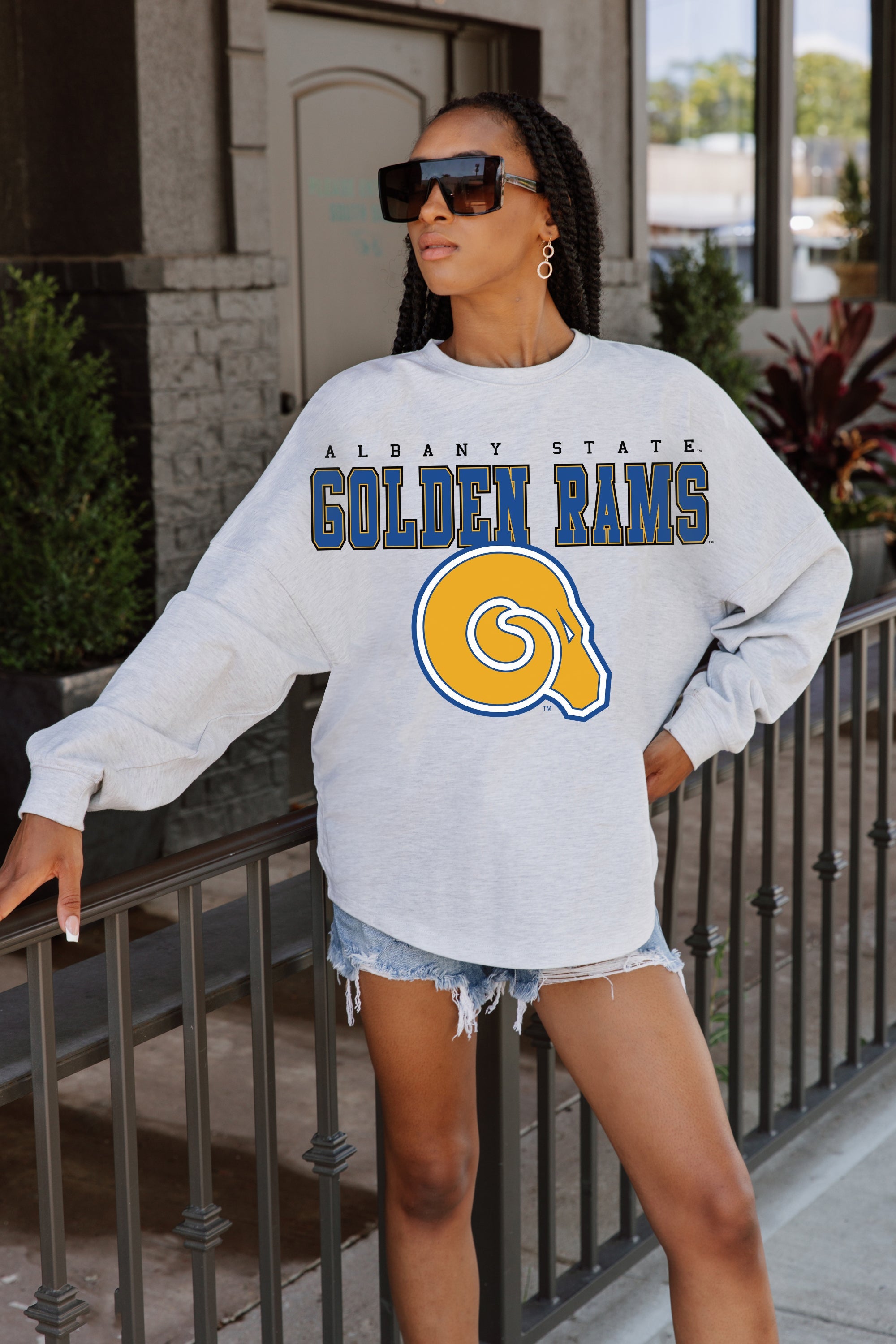 ALBANY STATE GOLDEN RAMS BIG GOALS DROP SHOULDER LONG SLEEVE TEE WITH RIBBED NECKLINE AND CUFFS