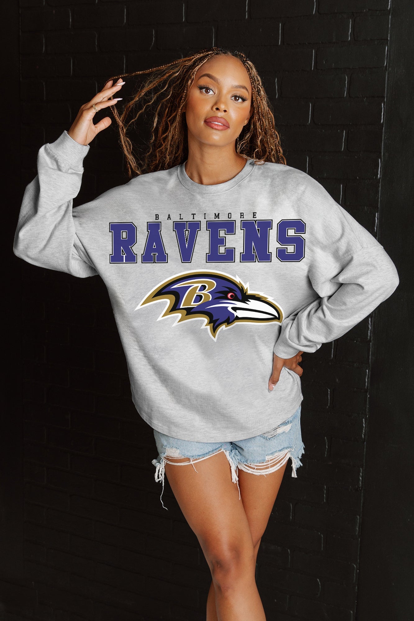 BALTIMORE RAVENS BIG GOALS RELAXED FIT HEATHERED LONG SLEEVE FRENCH TERRY PULLOVER