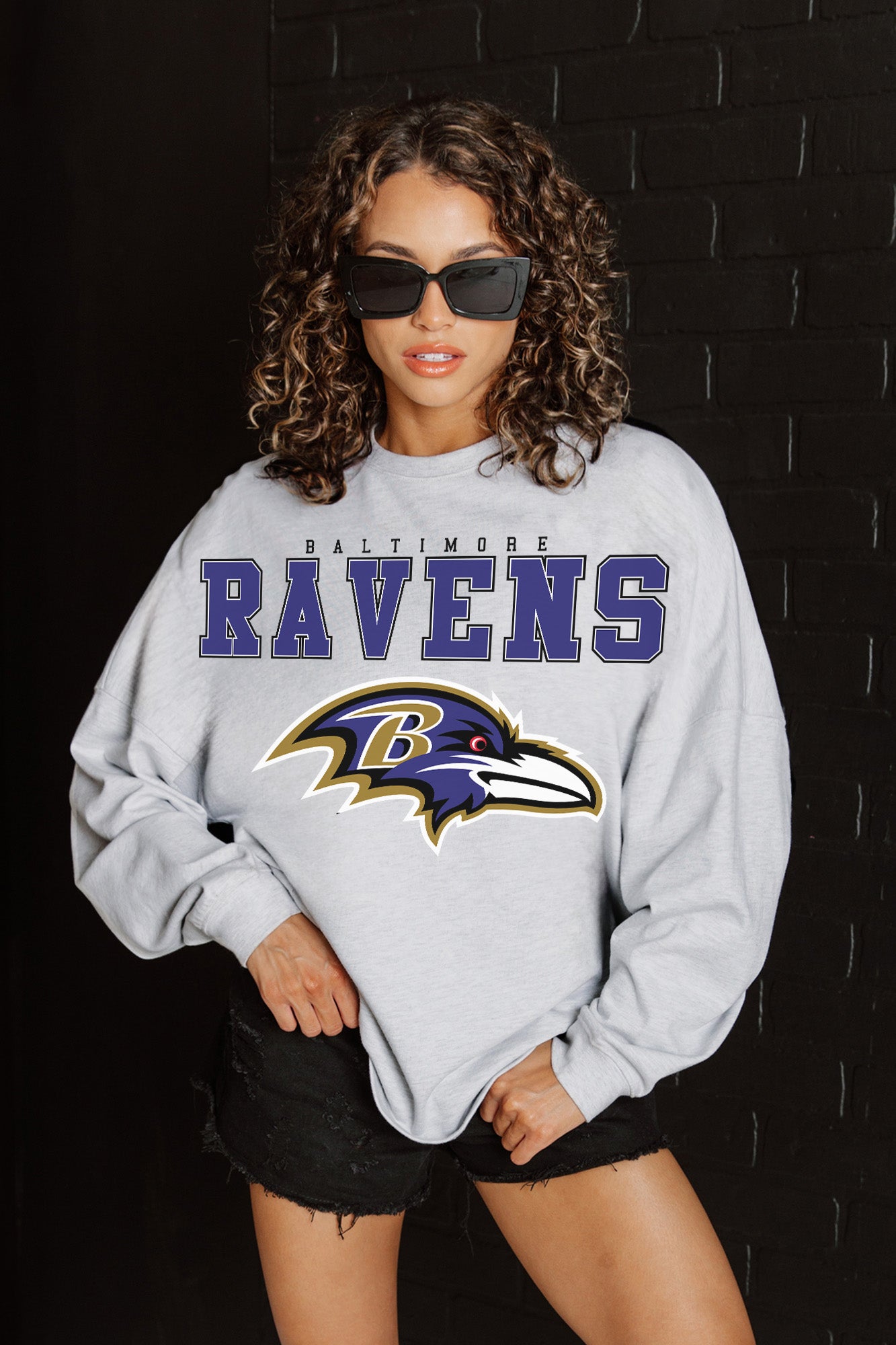 BALTIMORE RAVENS BIG GOALS RELAXED FIT HEATHERED LONG SLEEVE FRENCH TERRY PULLOVER