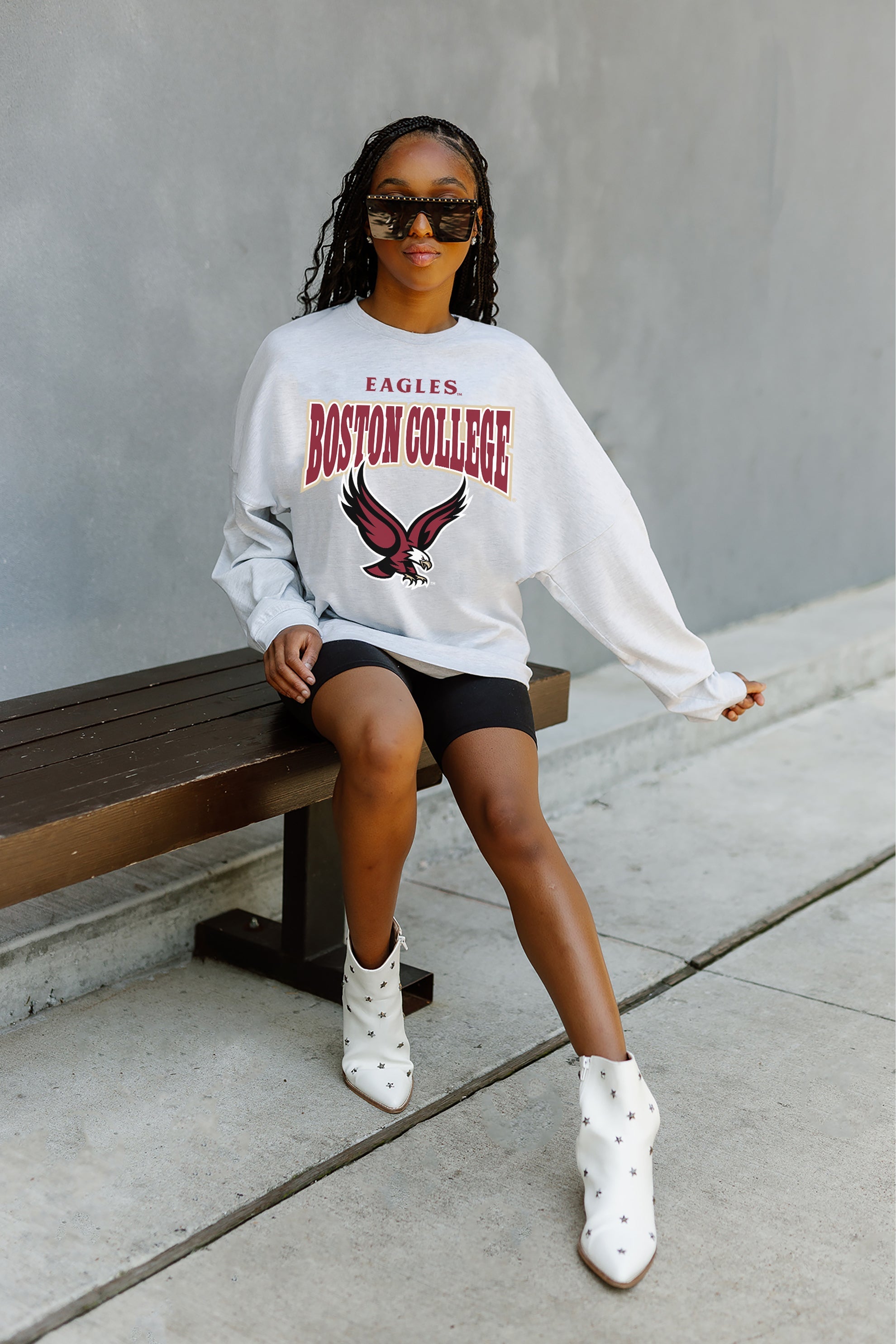 BOSTON COLLEGE EAGLES FIGHTING SPIRIT DROP SHOULDER LONG SLEEVE TEE WITH RIBBED NECKLINE AND CUFFS