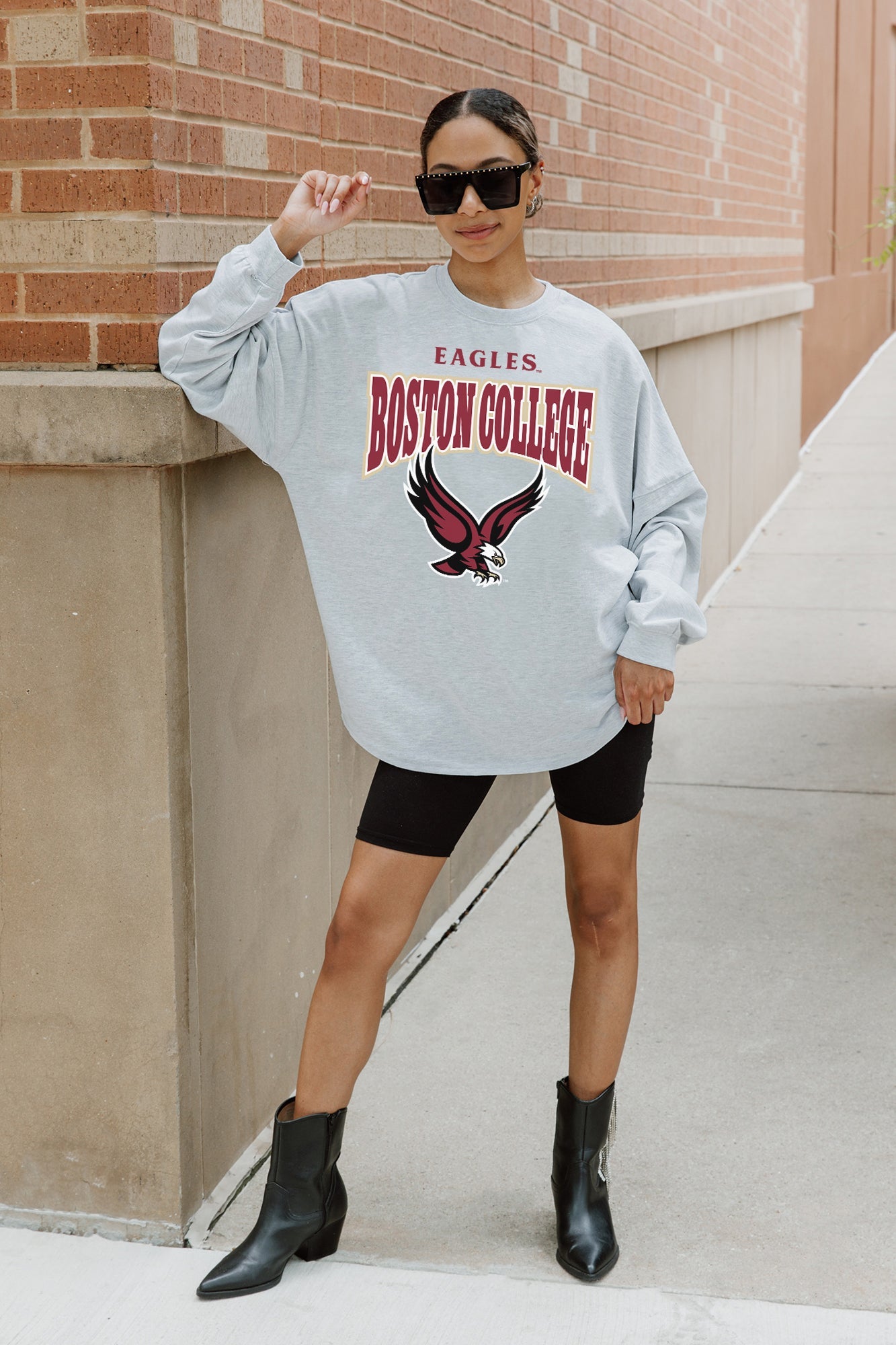 BOSTON COLLEGE EAGLES FIGHTING SPIRIT DROP SHOULDER LONG SLEEVE TEE WITH RIBBED NECKLINE AND CUFFS