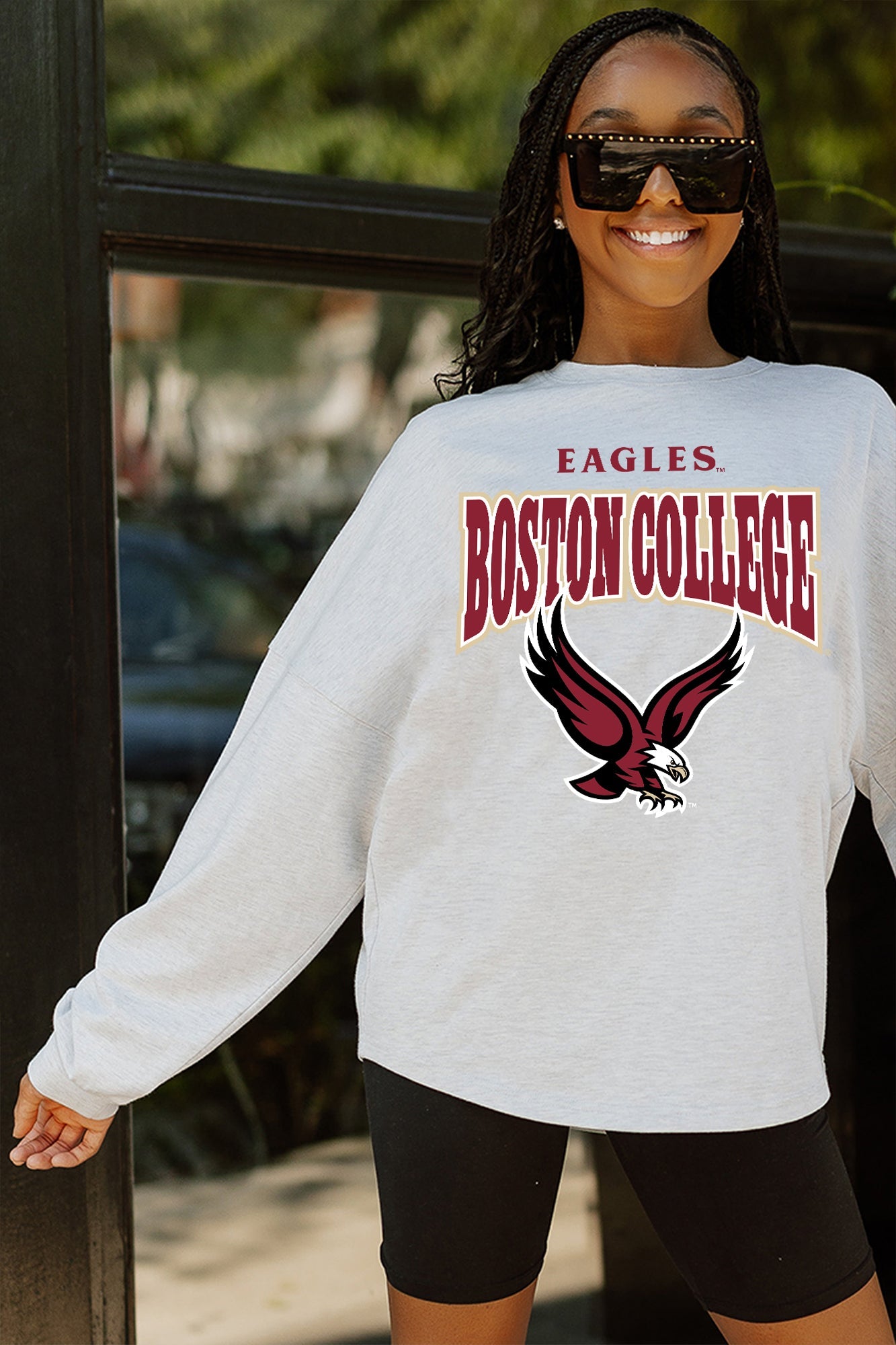 BOSTON COLLEGE EAGLES FIGHTING SPIRIT DROP SHOULDER LONG SLEEVE TEE WITH RIBBED NECKLINE AND CUFFS