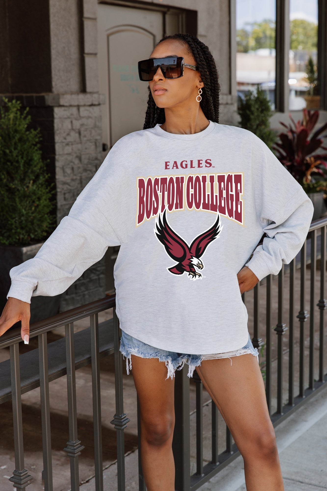 BOSTON COLLEGE EAGLES FIGHTING SPIRIT DROP SHOULDER LONG SLEEVE TEE WITH RIBBED NECKLINE AND CUFFS