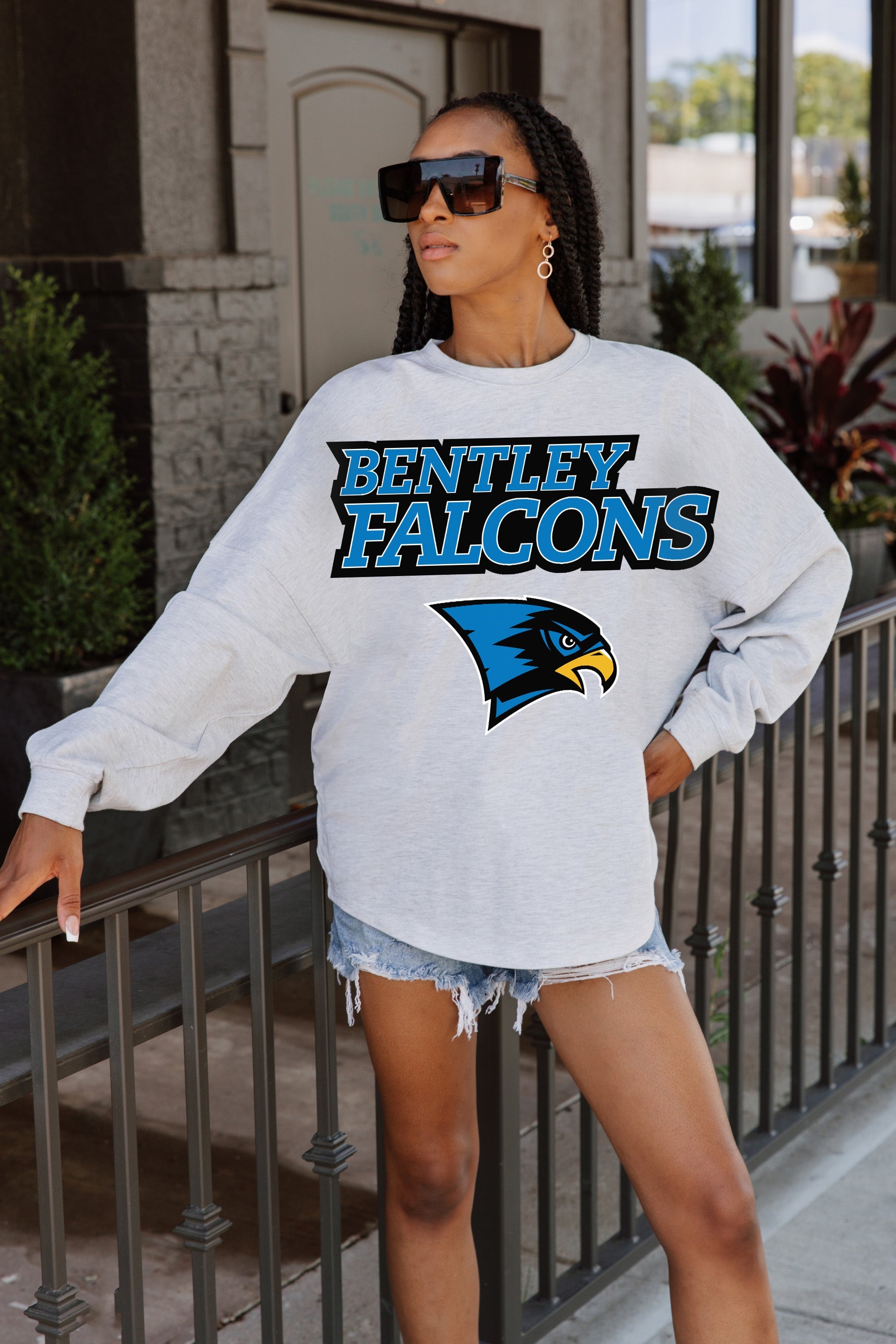 BENTLEY FALCONS BIG GOALS DROP SHOULDER LONG SLEEVE TEE WITH RIBBED NECKLINE AND CUFFS