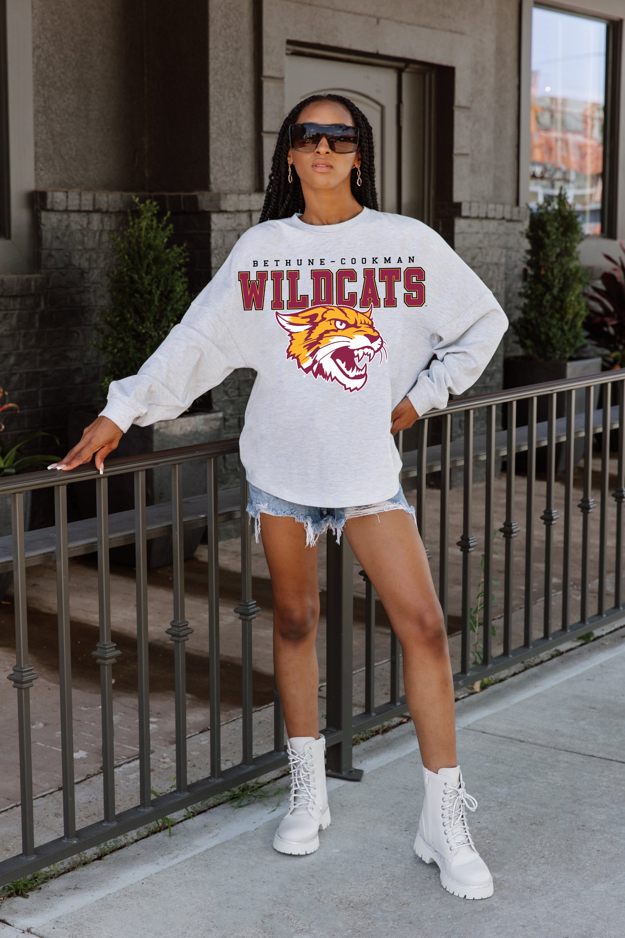 BETHUNE-COOKMAN WILDCATS BIG GOALS DROP SHOULDER LONG SLEEVE TEE WITH RIBBED NECKLINE AND CUFFS