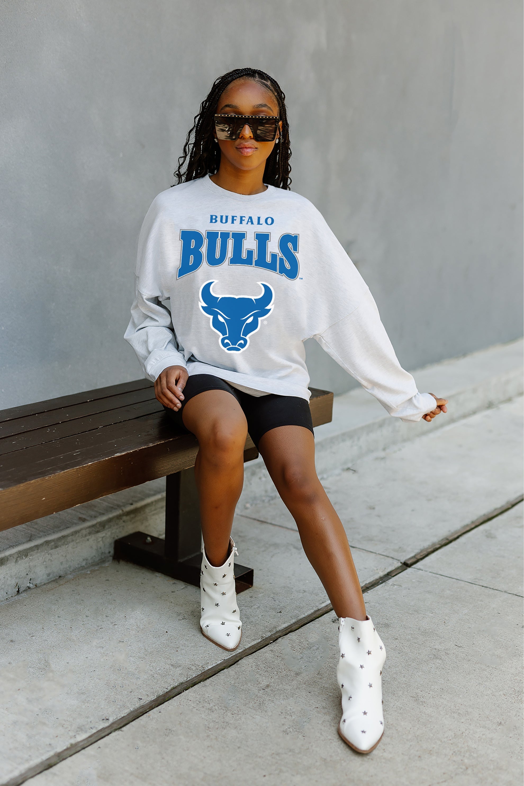 BUFFALO BULLS FIGHTING SPIRIT DROP SHOULDER LONG SLEEVE TEE WITH RIBBED NECKLINE AND CUFFS