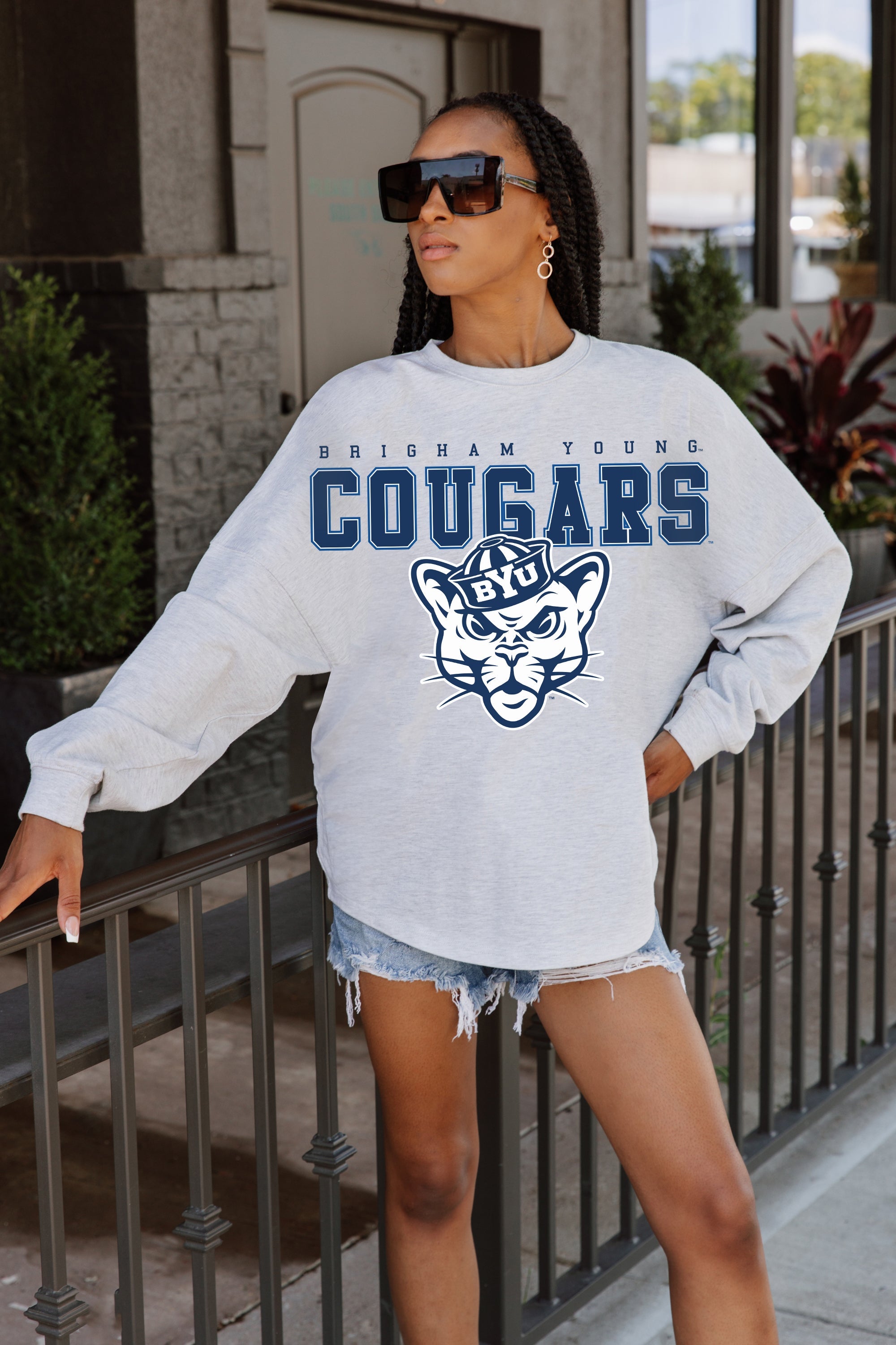 BYU COUGARS BIG GOALS DROP SHOULDER LONG SLEEVE TEE WITH RIBBED NECKLINE AND CUFFS