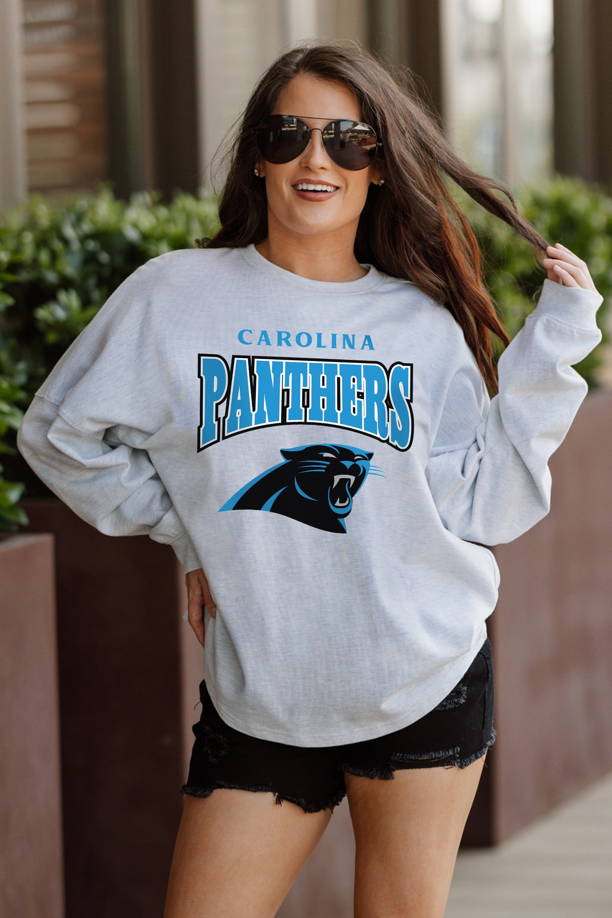 CAROLINA PANTHERS FIGHTING SPIRIT RELAXED FIT HEATHERED LONG SLEEVE FRENCH TERRY PULLOVER