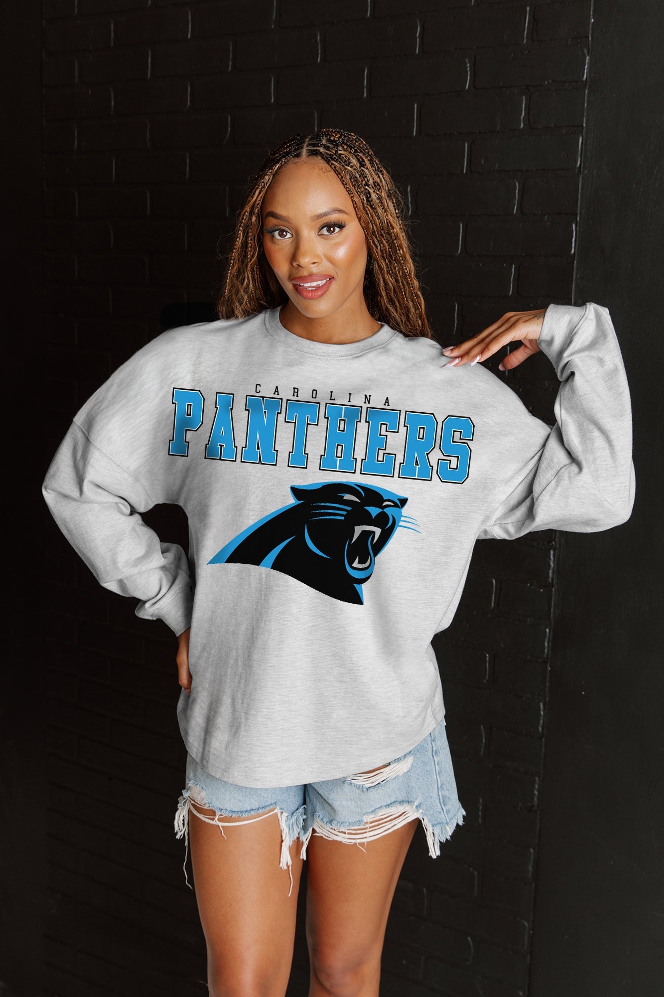 CAROLINA PANTHERS BIG GOALS RELAXED FIT HEATHERED LONG SLEEVE FRENCH TERRY PULLOVER