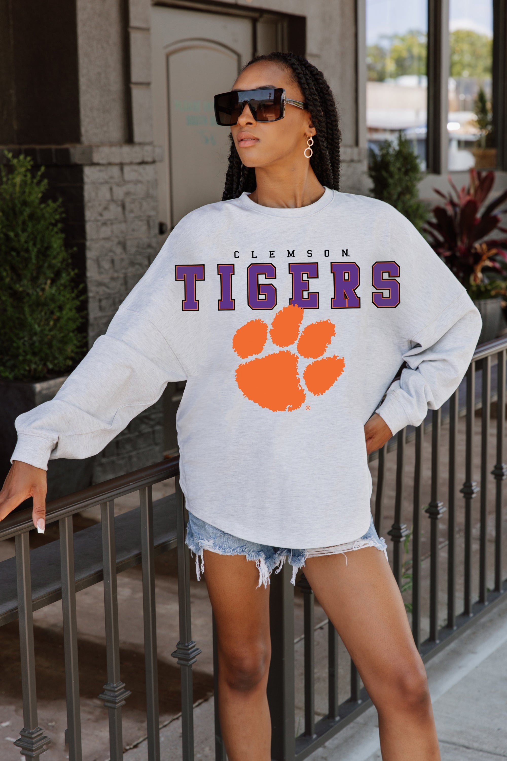 CLEMSON TIGERS BIG GOALS DROP SHOULDER LONG SLEEVE TEE WITH RIBBED NECKLINE AND CUFFS