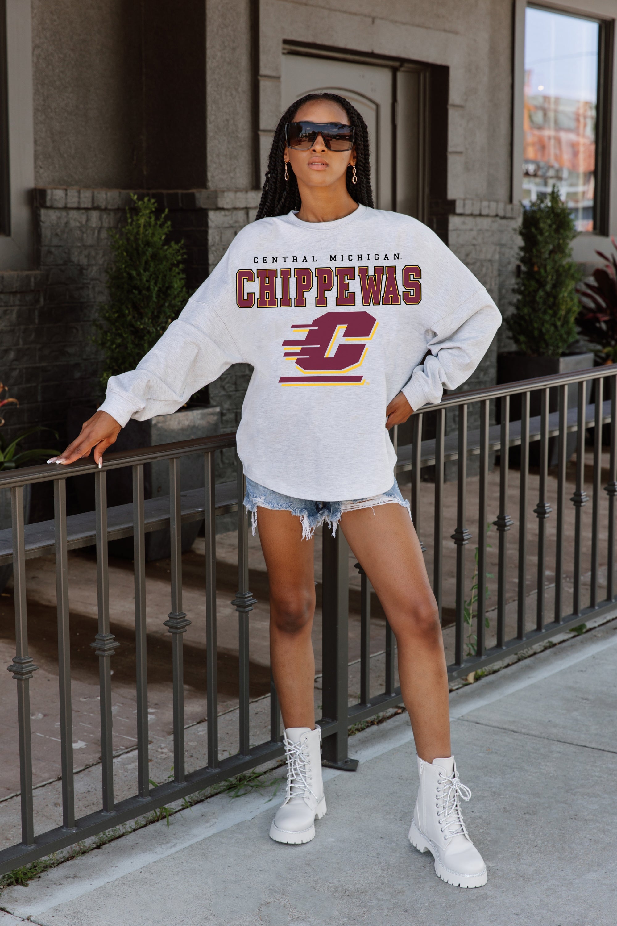 CENTRAL MICHIGAN CHIPPEWAS BIG GOALS DROP SHOULDER LONG SLEEVE TEE WITH RIBBED NECKLINE AND CUFFS