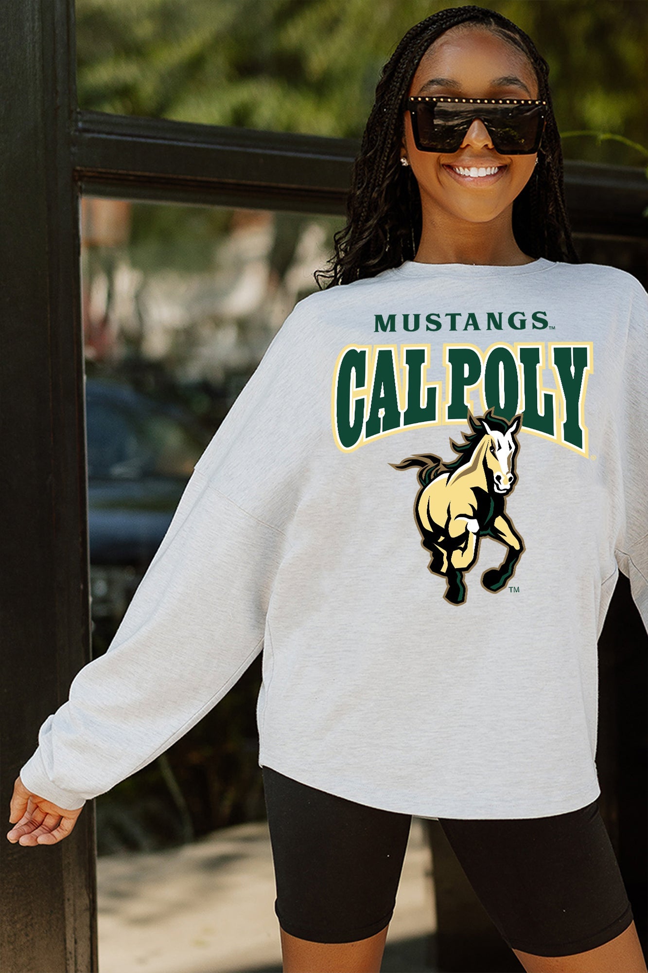 CAL POLY MUSTANGS FIGHTING SPIRIT DROP SHOULDER LONG SLEEVE TEE WITH RIBBED NECKLINE AND CUFFS