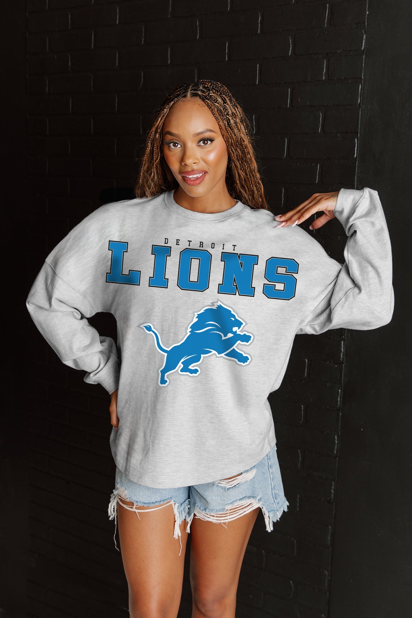 DETROIT LIONS BIG GOALS RELAXED FIT HEATHERED LONG SLEEVE FRENCH TERRY PULLOVER