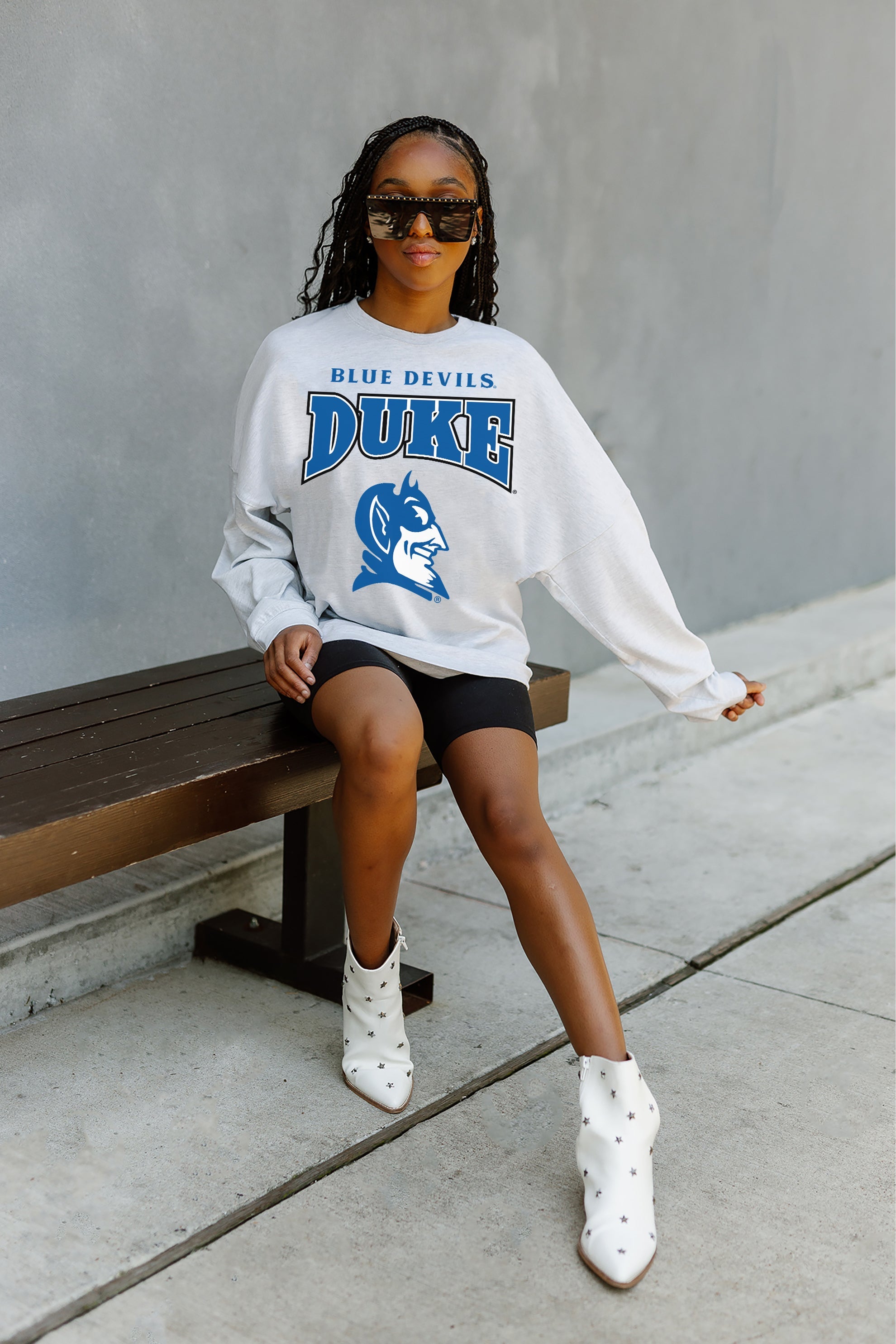 DUKE BLUE DEVILS FIGHTING SPIRIT DROP SHOULDER LONG SLEEVE TEE WITH RIBBED NECKLINE AND CUFFS