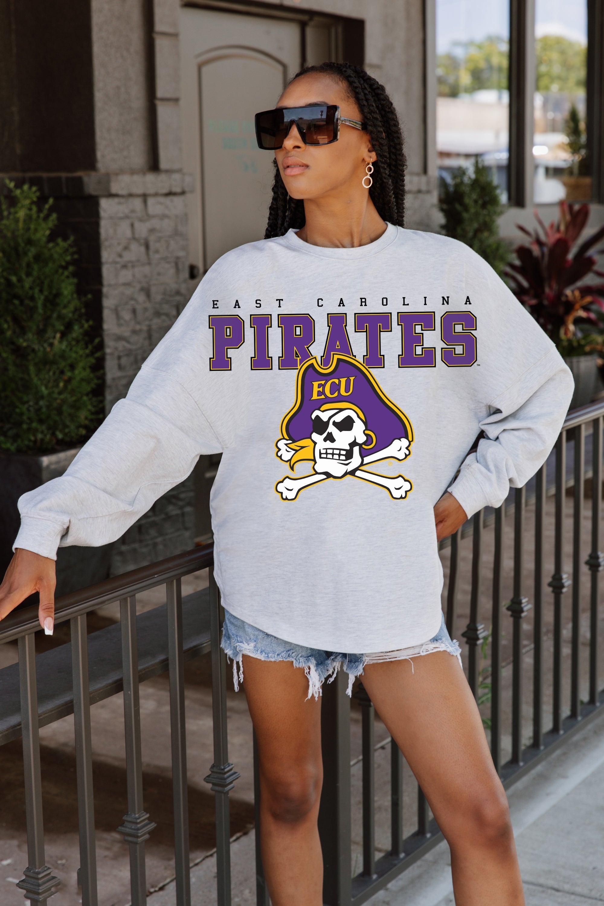 EAST CAROLINA PIRATES BIG GOALS DROP SHOULDER LONG SLEEVE TEE WITH RIBBED NECKLINE AND CUFFS