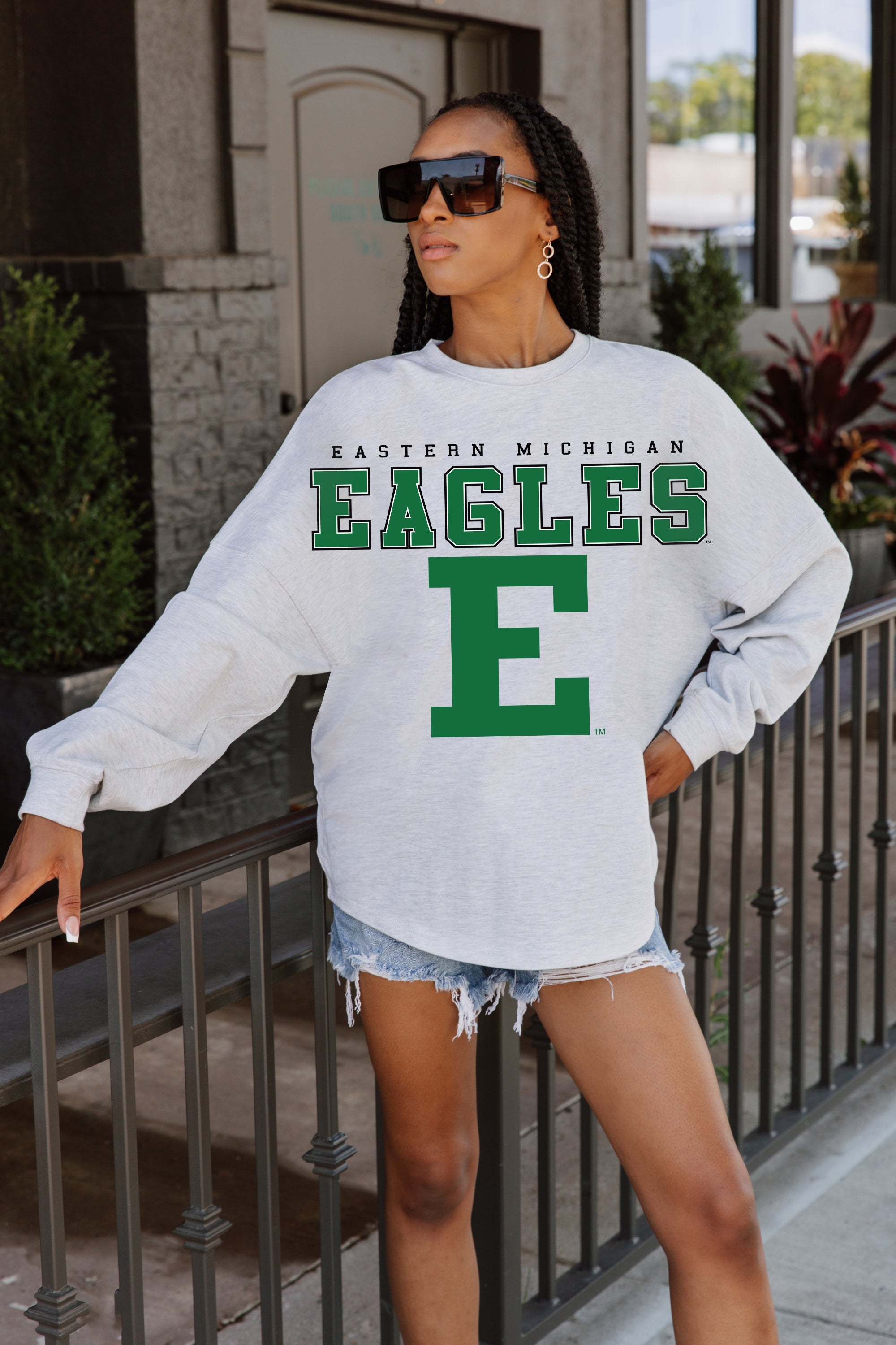 EASTERN MICHIGAN EAGLES BIG GOALS DROP SHOULDER LONG SLEEVE TEE WITH RIBBED NECKLINE AND CUFFS