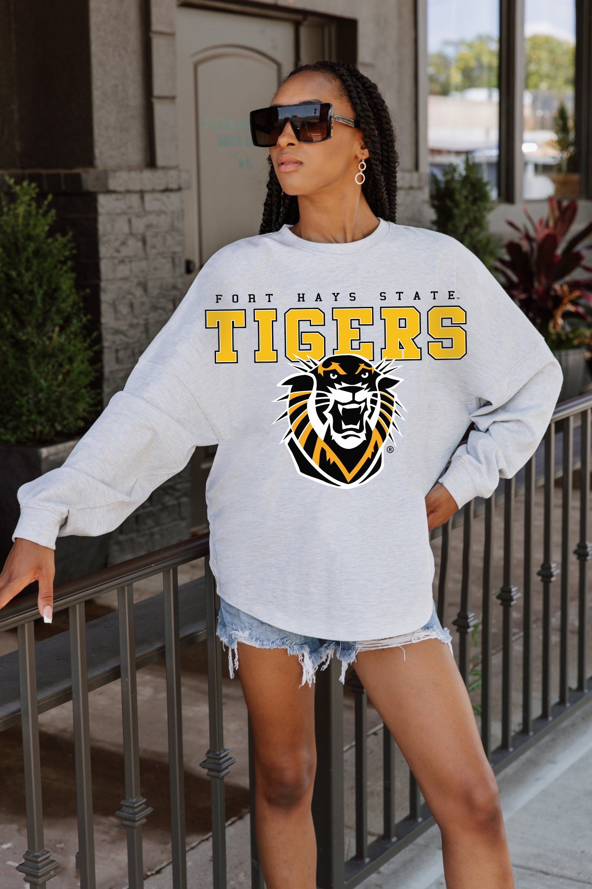 FORT HAYS STATE TIGERS BIG GOALS DROP SHOULDER LONG SLEEVE TEE WITH RIBBED NECKLINE AND CUFFS