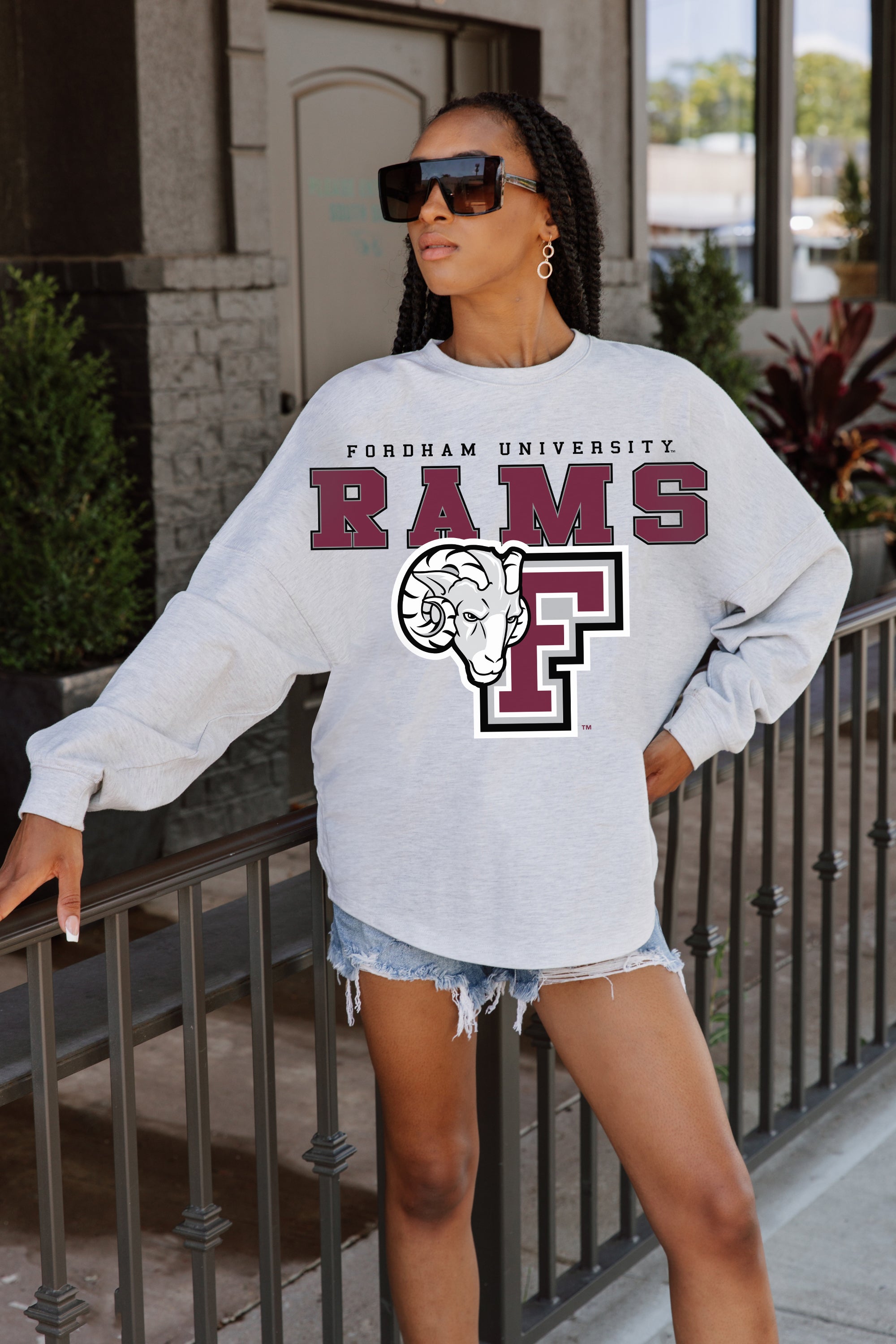 FORDHAM RAMS BIG GOALS DROP SHOULDER LONG SLEEVE TEE WITH RIBBED NECKLINE AND CUFFS