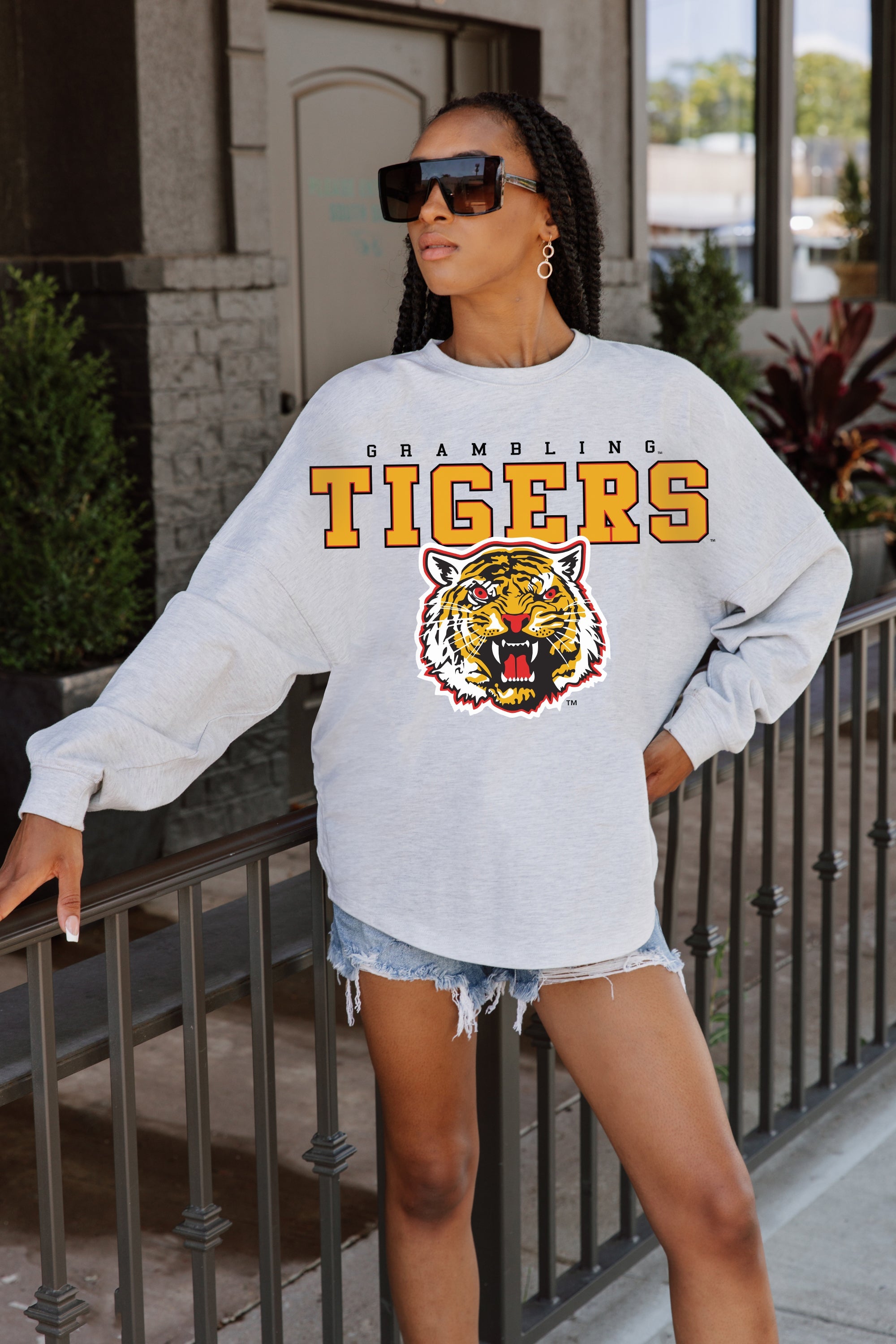 GRAMBLING STATE TIGERS BIG GOALS DROP SHOULDER LONG SLEEVE TEE WITH RIBBED NECKLINE AND CUFFS