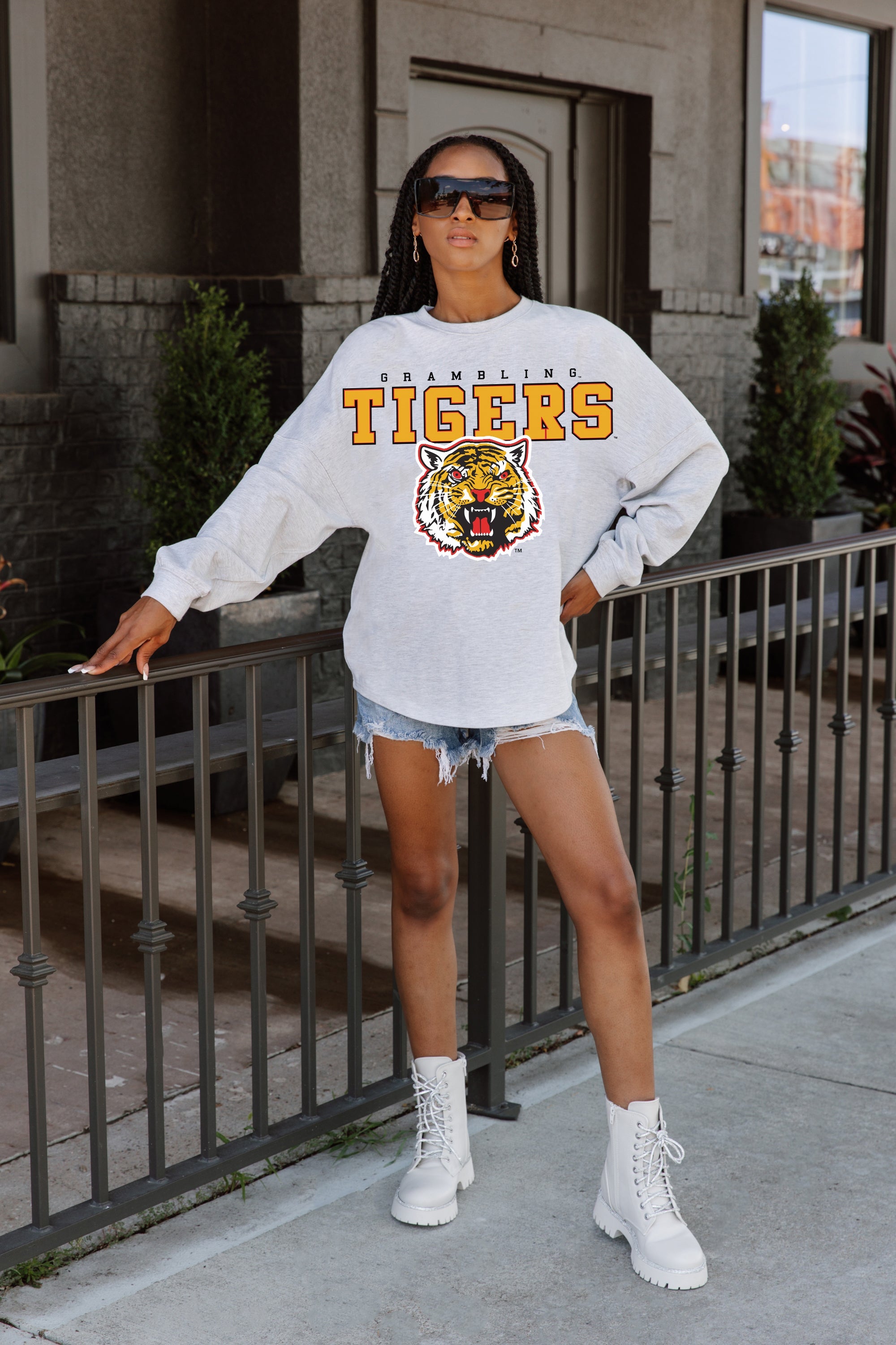 GRAMBLING STATE TIGERS BIG GOALS DROP SHOULDER LONG SLEEVE TEE WITH RIBBED NECKLINE AND CUFFS