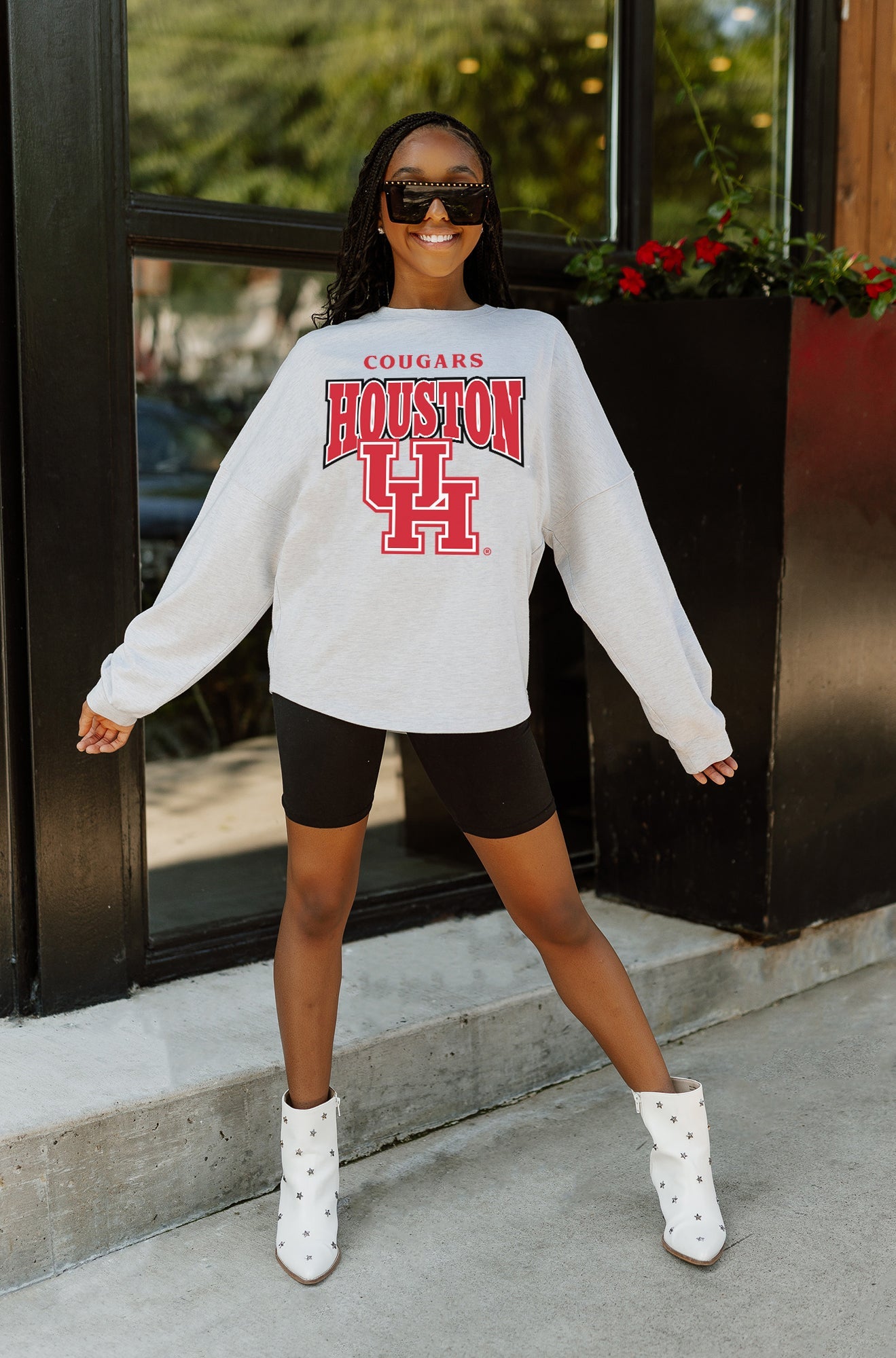 HOUSTON COUGARS FIGHTING SPIRIT DROP SHOULDER LONG SLEEVE TEE WITH RIBBED NECKLINE AND CUFFS