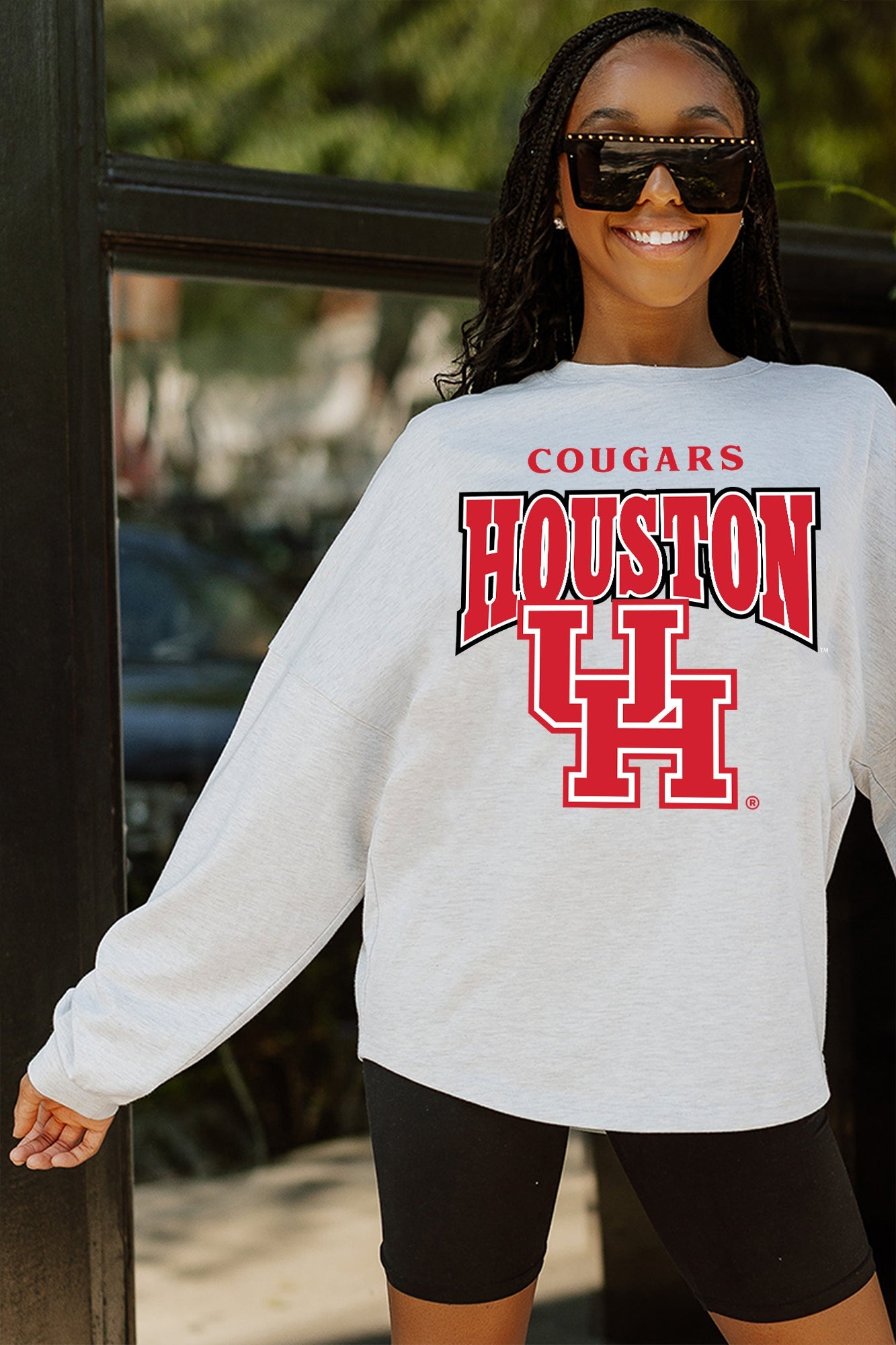 HOUSTON COUGARS FIGHTING SPIRIT DROP SHOULDER LONG SLEEVE TEE WITH RIBBED NECKLINE AND CUFFS