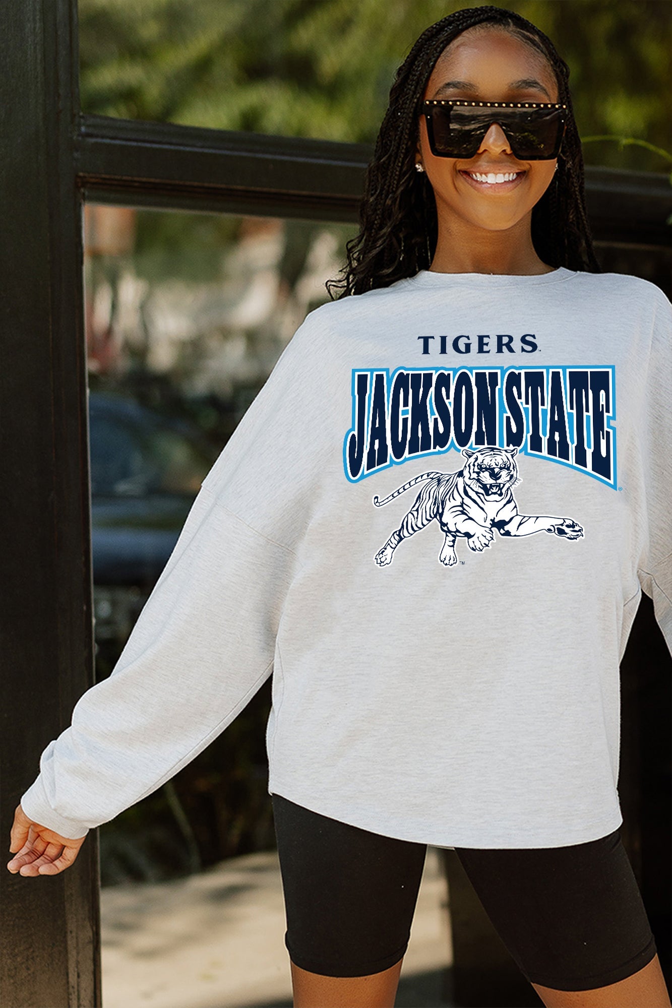 JACKSON STATE TIGERS FIGHTING SPIRIT DROP SHOULDER LONG SLEEVE TEE WITH RIBBED NECKLINE AND CUFFS