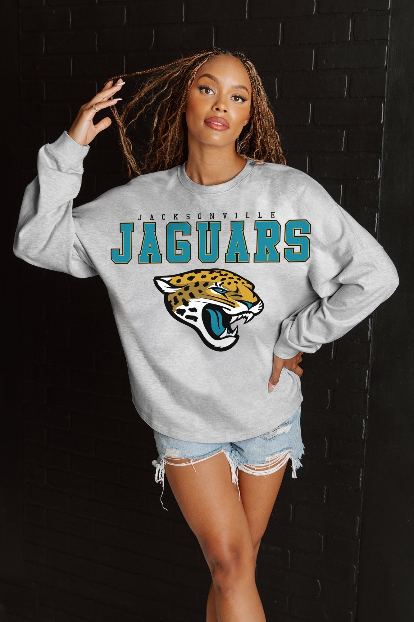 JACKSONVILLE JAGUARS BIG GOALS RELAXED FIT HEATHERED LONG SLEEVE FRENCH TERRY PULLOVER