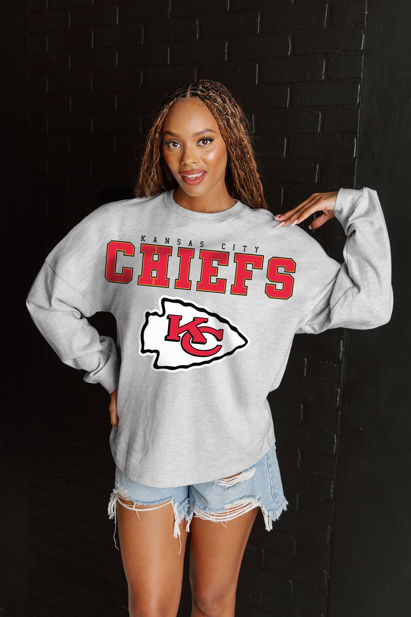 KANSAS CITY CHIEFS BIG GOALS RELAXED FIT HEATHERED LONG SLEEVE FRENCH TERRY PULLOVER