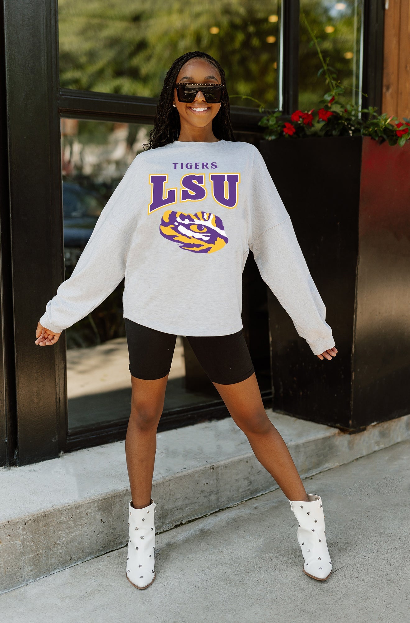 LSU TIGERS FIGHTING SPIRIT DROP SHOULDER LONG SLEEVE TEE WITH RIBBED NECKLINE AND CUFFS