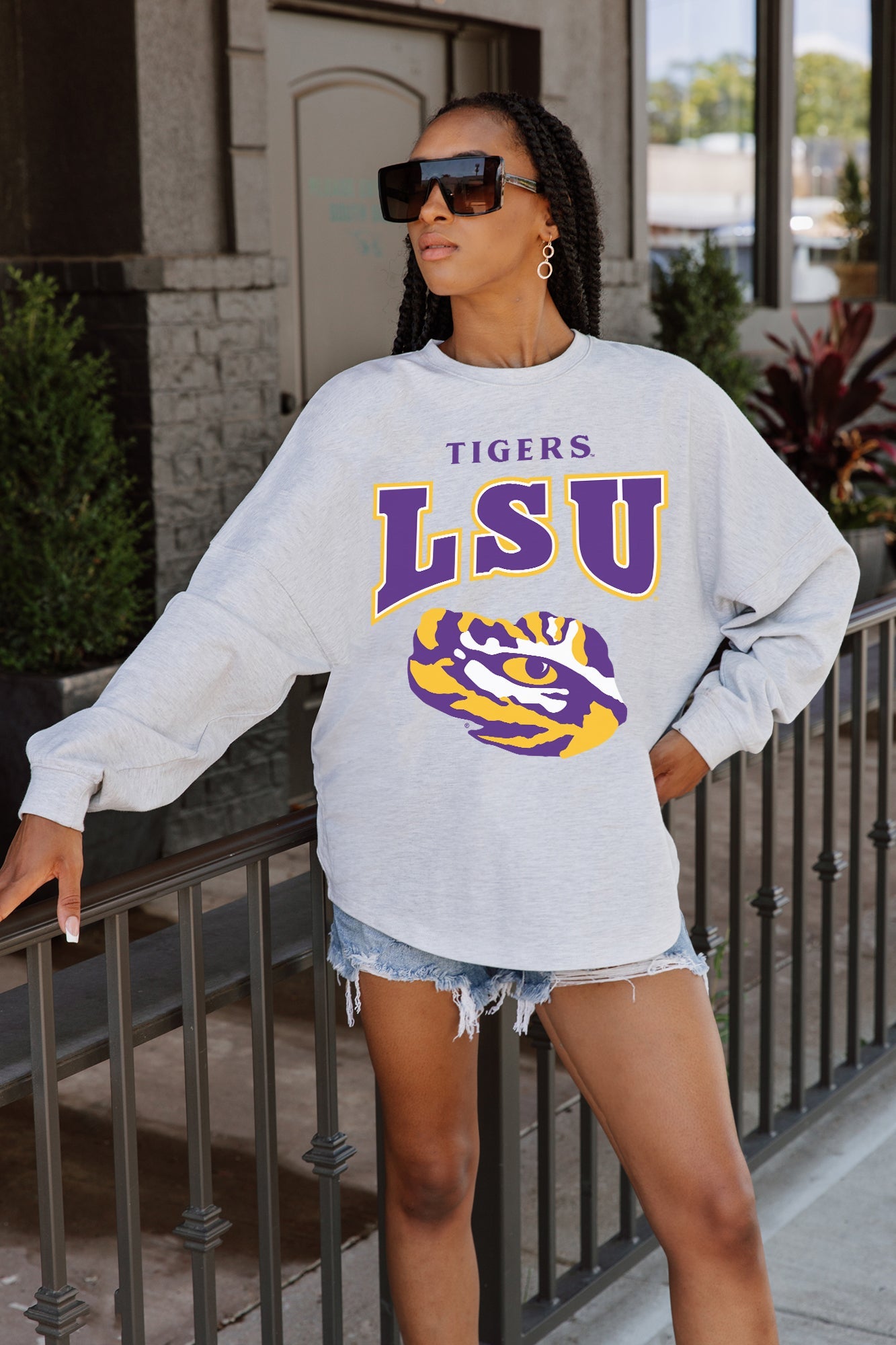 LSU TIGERS FIGHTING SPIRIT DROP SHOULDER LONG SLEEVE TEE WITH RIBBED NECKLINE AND CUFFS